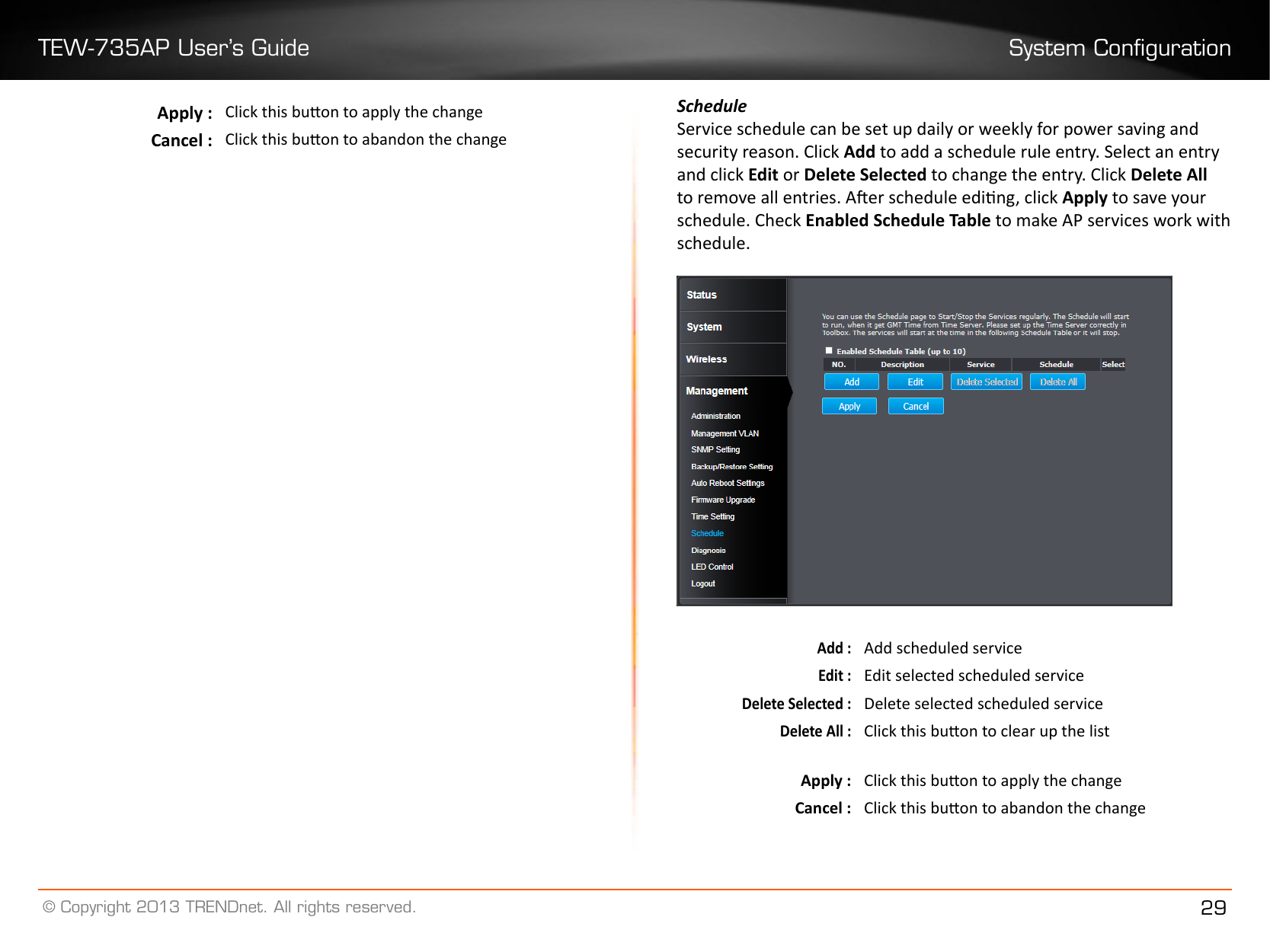 TEW-735AP User’s Guide System Conguration© Copyright 2013 TRENDnet. All rights reserved. 29Apply : Click this buon to apply the changeCancel : Click this buon to abandon the changeScheduleService schedule can be set up daily or weekly for power saving and security reason. Click Add to add a schedule rule entry. Select an entry and click Edit or Delete Selected to change the entry. Click Delete All to remove all entries. Aer schedule eding, click Apply to save your schedule. Check Enabled Schedule Table to make AP services work with schedule.Add :Add scheduled serviceEdit :Edit selected scheduled serviceDelete Selected :Delete selected scheduled serviceDelete All :Click this buon to clear up the listApply : Click this buon to apply the changeCancel : Click this buon to abandon the change