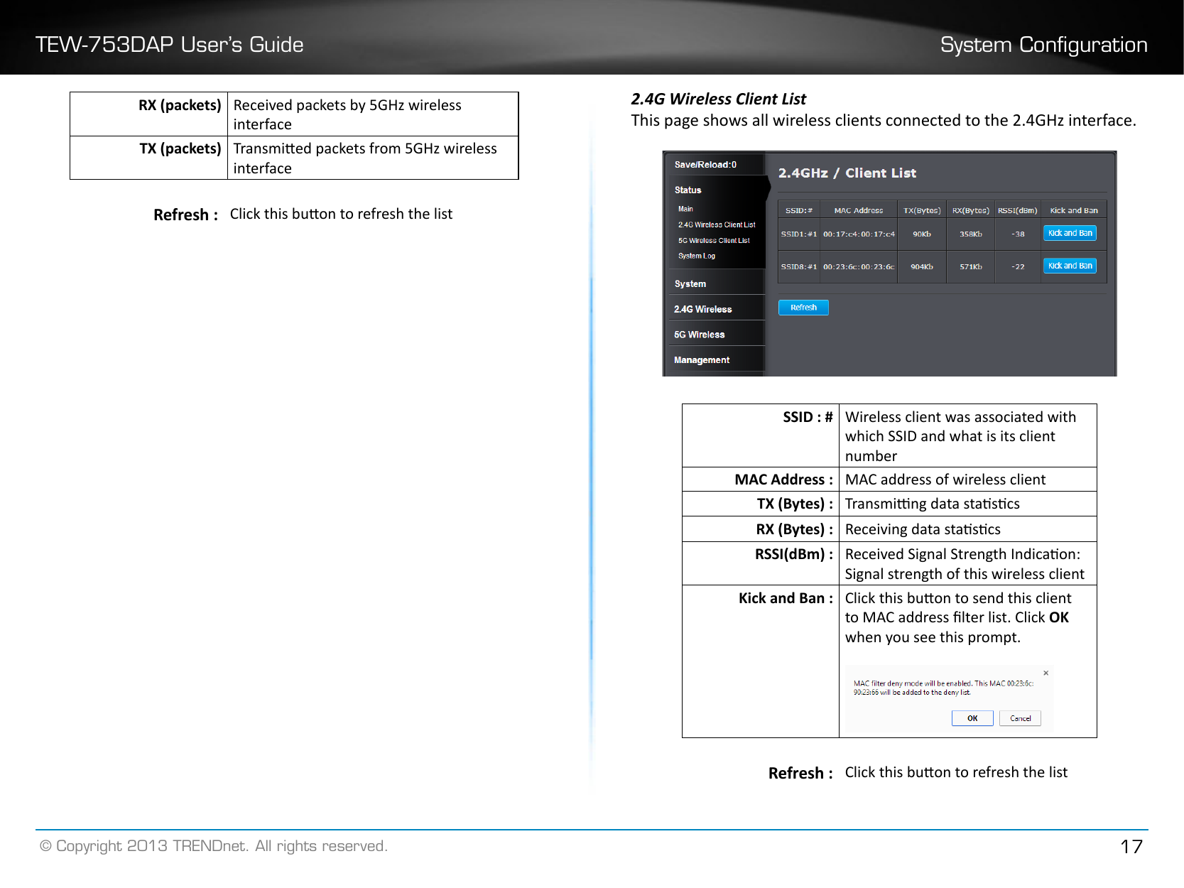 TEW-753DAP User’s Guide System Conguration© Copyright 2013 TRENDnet. All rights reserved. 17RX (packets) Received packets by 5GHz wireless interfaceTX (packets) Transmied packets from 5GHz wireless interfaceRefresh : Click this buon to refresh the list2.4G Wireless Client ListThis page shows all wireless clients connected to the 2.4GHz interface.SSID : # Wireless client was associated with which SSID and what is its client numberMAC Address : MAC address of wireless clientTX (Bytes) : Transming data stascsRX (Bytes) : Receiving data stascsRSSI(dBm) : Received Signal Strength Indicaon: Signal strength of this wireless clientKick and Ban : Click this buon to send this client to MAC address lter list. Click OK when you see this prompt.Refresh : Click this buon to refresh the list