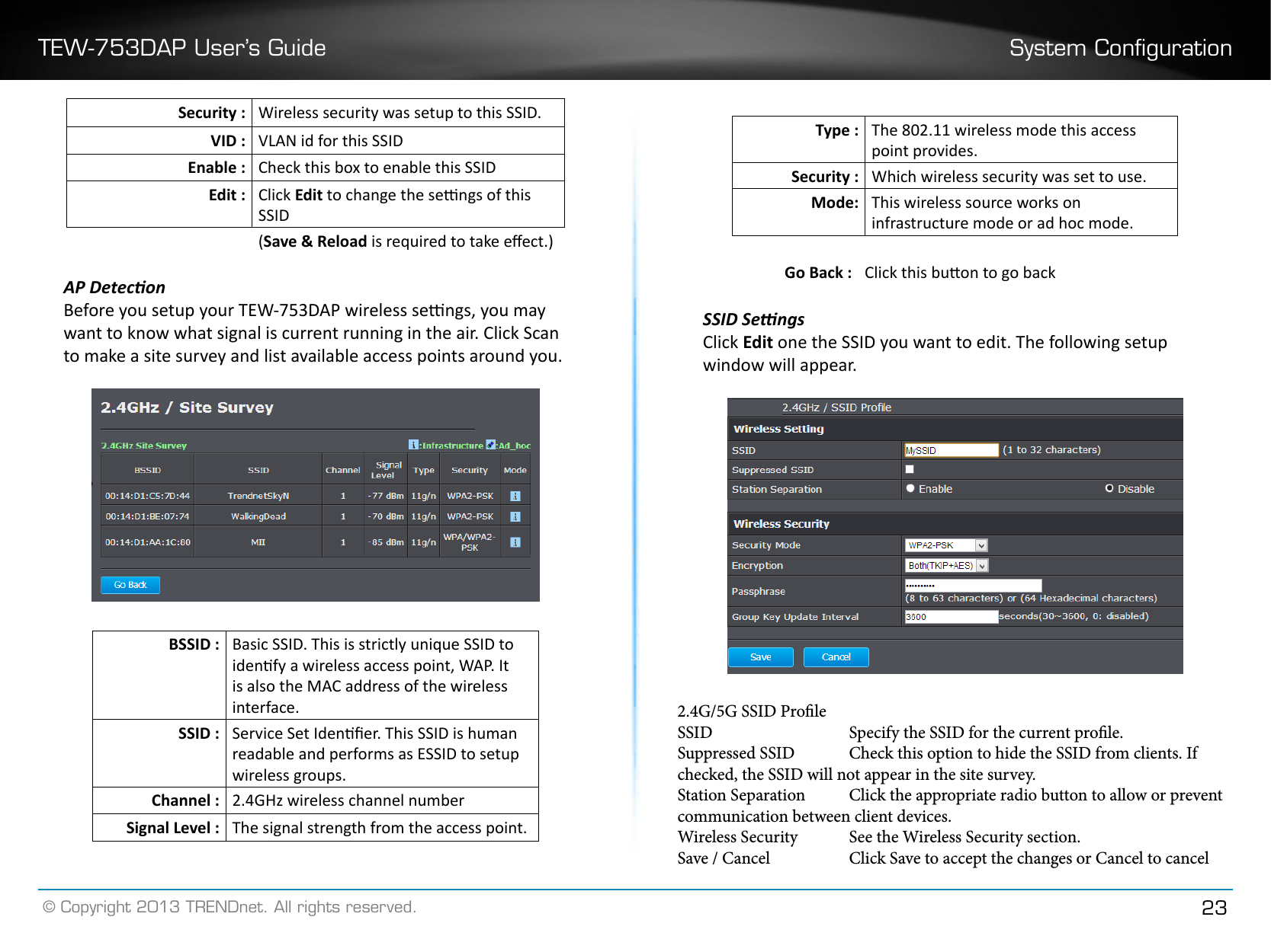 TEW-753DAP User’s Guide System Conguration© Copyright 2013 TRENDnet. All rights reserved. 23Security : Wireless security was setup to this SSID. VID : VLAN id for this SSIDEnable : Check this box to enable this SSIDEdit : Click Edit to change the sengs of this SSID(Save &amp; Reload is required to take eect.)AP DeteconBefore you setup your TEW-753DAP wireless sengs, you may want to know what signal is current running in the air. Click Scan to make a site survey and list available access points around you.BSSID : Basic SSID. This is strictly unique SSID to idenfy a wireless access point, WAP. It is also the MAC address of the wireless interface.SSID : Service Set Idener. This SSID is human readable and performs as ESSID to setup wireless groups.Channel : 2.4GHz wireless channel numberSignal Level : The signal strength from the access point.Type : The 802.11 wireless mode this access point provides.Security : Which wireless security was set to use.Mode: This wireless source works on infrastructure mode or ad hoc mode.Go Back : Click this buon to go backSSID SengsClick Edit one the SSID you want to edit. The following setup window will appear.2.4G/5G SSID ProleSSID      Specify the SSID for the current prole.Suppressed SSID  Check this option to hide the SSID from clients. If checked, the SSID will not appear in the site survey.Station Separation  Click the appropriate radio button to allow or prevent communication between client devices.Wireless Security  See the Wireless Security section.Save / Cancel    Click Save to accept the changes or Cancel to cancel 