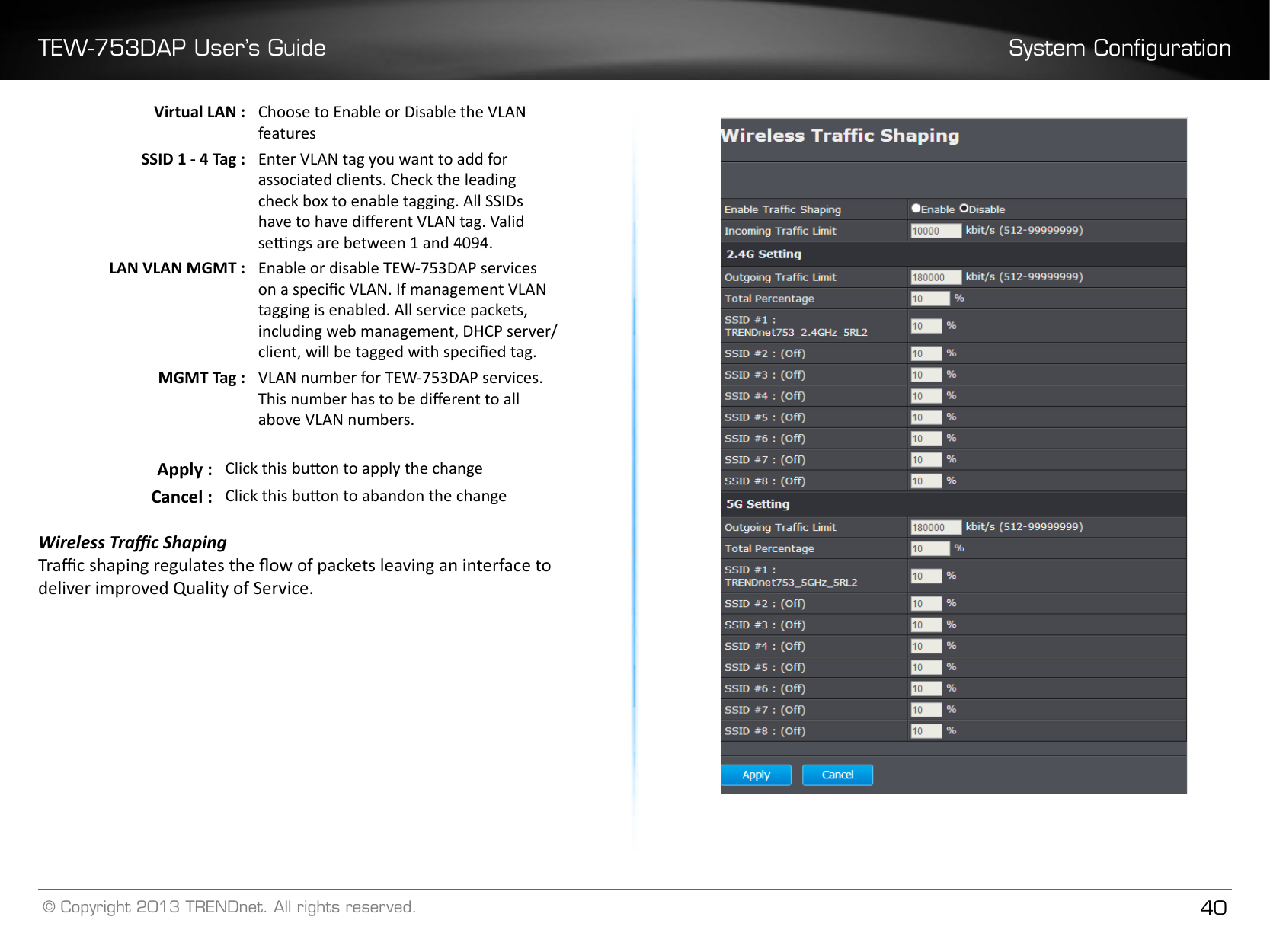 TEW-753DAP User’s Guide System Conguration© Copyright 2013 TRENDnet. All rights reserved. 40Virtual LAN : Choose to Enable or Disable the VLAN featuresSSID 1 - 4 Tag : Enter VLAN tag you want to add for associated clients. Check the leading check box to enable tagging. All SSIDs have to have dierent VLAN tag. Valid sengs are between 1 and 4094.LAN VLAN MGMT : Enable or disable TEW-753DAP services on a specic VLAN. If management VLAN tagging is enabled. All service packets, including web management, DHCP server/ client, will be tagged with specied tag.MGMT Tag : VLAN number for TEW-753DAP services. This number has to be dierent to all above VLAN numbers.Apply : Click this buon to apply the changeCancel : Click this buon to abandon the changeWireless Trac ShapingTrac shaping regulates the ow of packets leaving an interface to deliver improved Quality of Service. 