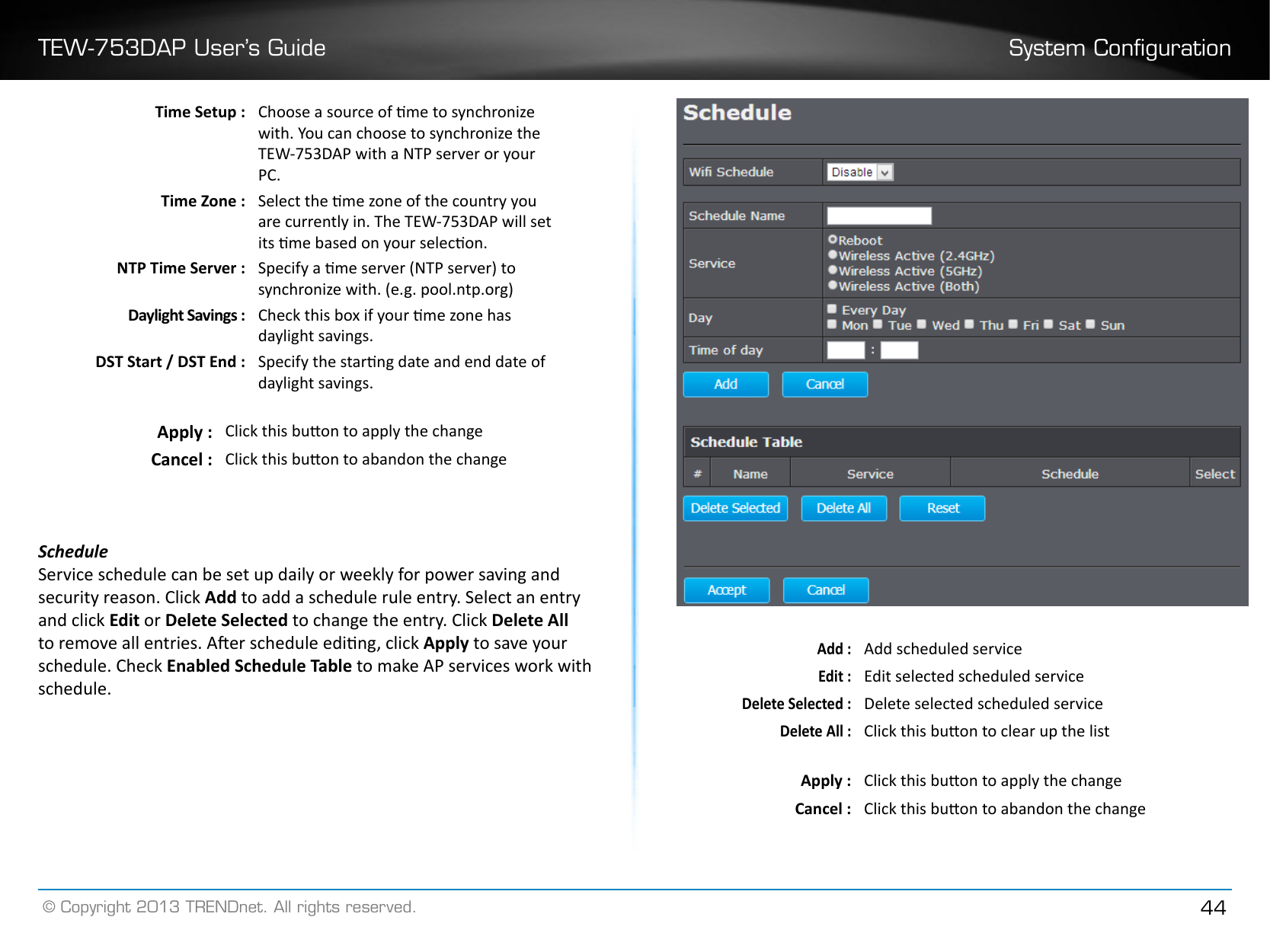 TEW-753DAP User’s Guide System Conguration© Copyright 2013 TRENDnet. All rights reserved. 44Time Setup : Choose a source of me to synchronize with. You can choose to synchronize the TEW-753DAP with a NTP server or your PC�Time Zone : Select the me zone of the country you are currently in. The TEW-753DAP will set its me based on your selecon.NTP Time Server : Specify a me server (NTP server) to synchronize with. (e.g. pool.ntp.org)Daylight Savings : Check this box if your me zone has daylight savings.DST Start / DST End : Specify the starng date and end date of daylight savings.Apply : Click this buon to apply the changeCancel : Click this buon to abandon the changeScheduleService schedule can be set up daily or weekly for power saving and security reason. Click Add to add a schedule rule entry. Select an entry and click Edit or Delete Selected to change the entry. Click Delete All to remove all entries. Aer schedule eding, click Apply to save your schedule. Check Enabled Schedule Table to make AP services work with schedule.Add :Add scheduled serviceEdit :Edit selected scheduled serviceDelete Selected :Delete selected scheduled serviceDelete All :Click this buon to clear up the listApply : Click this buon to apply the changeCancel : Click this buon to abandon the change