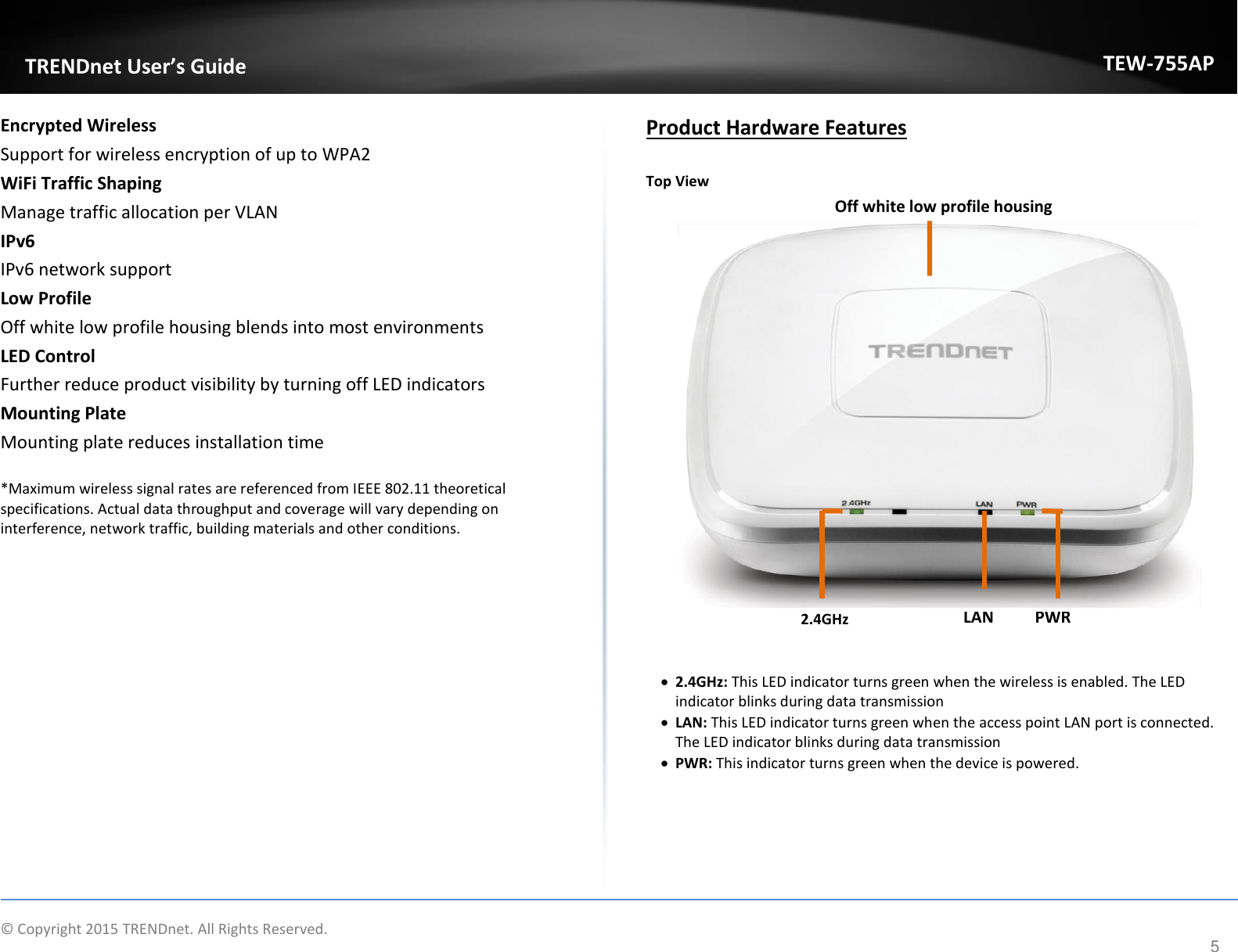             © Copyright 2015 TRENDnet. All Rights Reserved.       TRENDet User’s Guide TEW-755AP 5 2.4GHz LAN PWR Encrypted Wireless  Support for wireless encryption of up to WPA2 WiFi Traffic Shaping Manage traffic allocation per VLAN  IPv6 IPv6 network support Low Profile Off white low profile housing blends into most environments LED Control Further reduce product visibility by turning off LED indicators  Mounting Plate  Mounting plate reduces installation time    *Maximum wireless signal rates are referenced from IEEE 802.11 theoretical specifications. Actual data throughput and coverage will vary depending on interference, network traffic, building materials and other conditions.              Product Hardware Features  Top View         2.4GHz: This LED indicator turns green when the wireless is enabled. The LED indicator blinks during data transmission  LAN: This LED indicator turns green when the access point LAN port is connected. The LED indicator blinks during data transmission   PWR: This indicator turns green when the device is powered.       Off white low profile housing 