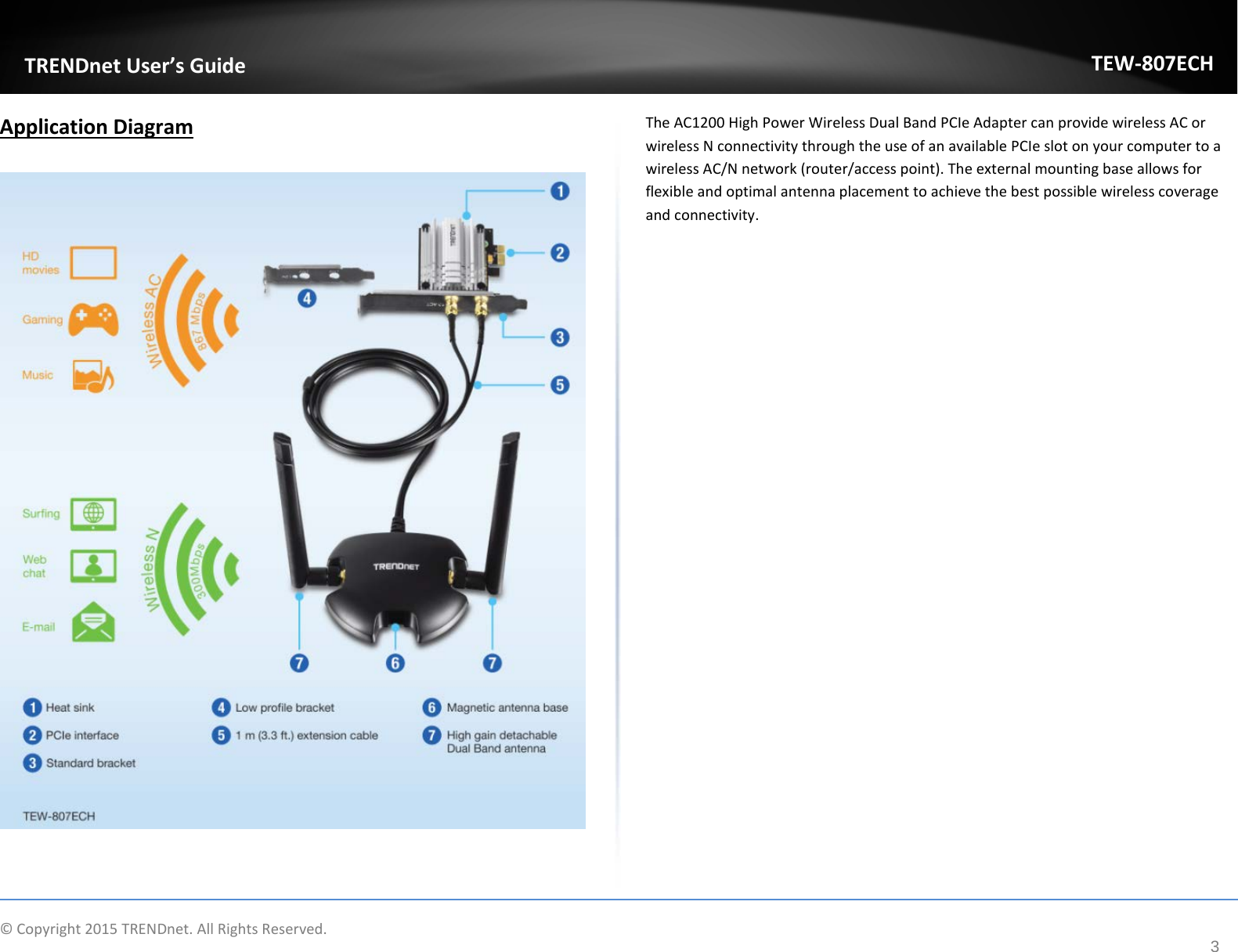              © Copyright 2015 TRENDnet. All Rights Reserved.       TRENDnet User’s Guide TEW-807ECH 3 Application Diagram   The AC1200 High Power Wireless Dual Band PCIe Adapter can provide wireless AC or wireless N connectivity through the use of an available PCIe slot on your computer to a wireless AC/N network (router/access point). The external mounting base allows for flexible and optimal antenna placement to achieve the best possible wireless coverage and connectivity.