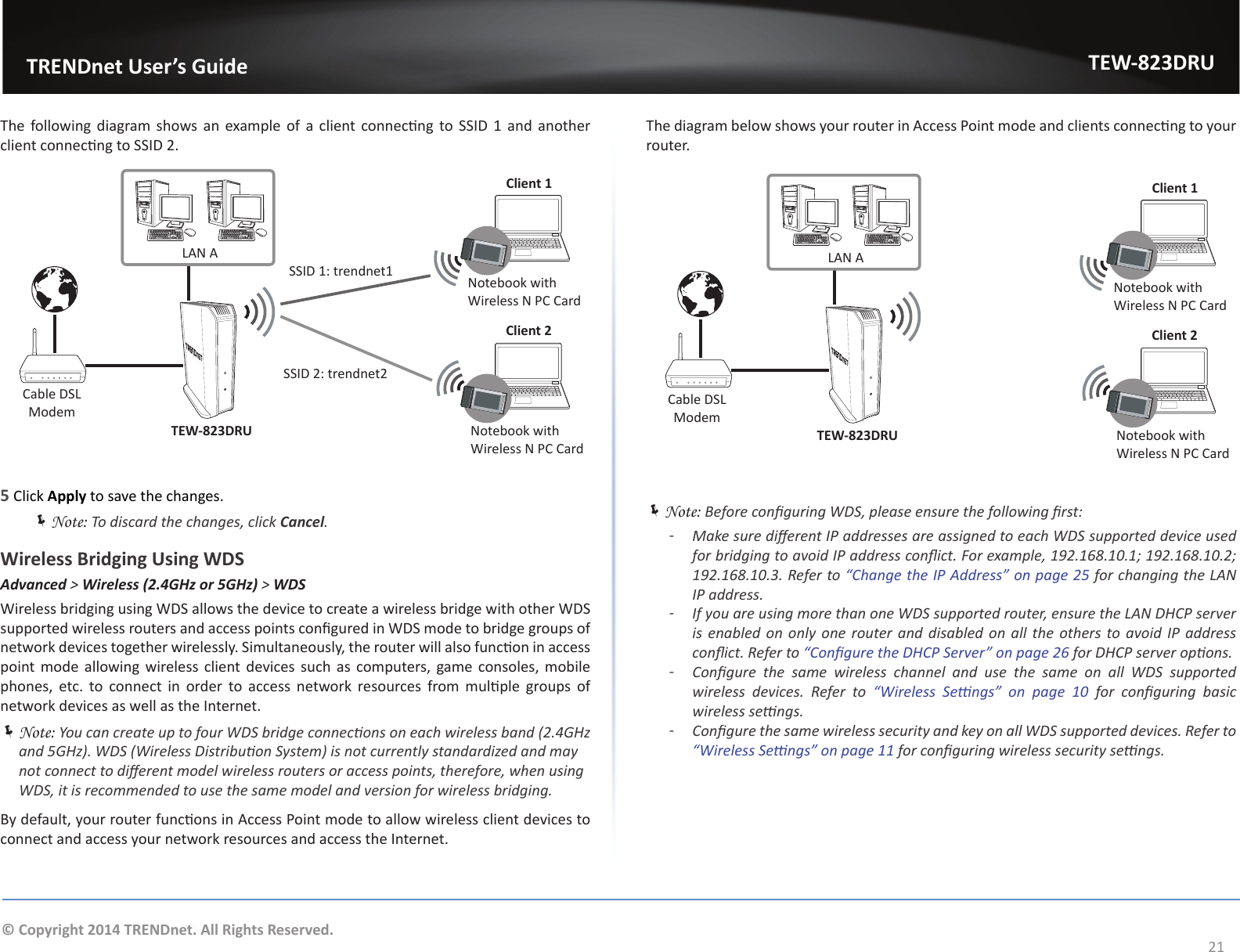                   TRENDnet User’s GuideTEW-823DRU21© Copyright 2014 TRENDnet. All Rights Reserved.The following diagram shows an  example of  a  client connecng to  SSID  1 and another client connecng to SSID 2.LAN AClient 1Client 2TEW-823DRUNotebook with Wireless N PC CardNotebook with Wireless N PC CardCable DSL ModemSSID 1: trendnet1SSID 2: trendnet25 Click Apply to save the changes. ÍNote: To discard the changes, click Cancel.Wireless Bridging Using WDSAdvanced &gt; Wireless (2.4GHz or 5GHz) &gt; WDSWireless bridging using WDS allows the device to create a wireless bridge with other WDS supported wireless routers and access points congured in WDS mode to bridge groups of network devices together wirelessly. Simultaneously, the router will also funcon in access point mode allowing wireless client devices such as computers, game consoles, mobile phones,  etc.  to  connect  in  order  to  access  network  resources from mulple  groups  of network devices as well as the Internet. ÍNote: You can create up to four WDS bridge connecons on each wireless band (2.4GHz and 5GHz). WDS (Wireless Distribuon System) is not currently standardized and may not connect to dierent model wireless routers or access points, therefore, when using WDS, it is recommended to use the same model and version for wireless bridging.By default, your router funcons in Access Point mode to allow wireless client devices to connect and access your network resources and access the Internet.The diagram below shows your router in Access Point mode and clients connecng to your router.LAN AClient 1Client 2TEW-823DRUNotebook with Wireless N PC CardNotebook with Wireless N PC CardCable DSL Modem ÍNote: Before conguring WDS, please ensure the following rst: ͳMake sure dierent IP addresses are assigned to each WDS supported device used for bridging to avoid IP address conict. For example, 192.168.10.1; 192.168.10.2; 192.168.10.3. Refer to “Change the IP Address” on page 25 for changing the LAN IP address. ͳIf you are using more than one WDS supported router, ensure the LAN DHCP server is  enabled on  only one  router and  disabled  on all  the  others to  avoid IP  address conict. Refer to “Congure the DHCP Server” on page 26 for DHCP server opons. ͳCongure  the  same  wireless  channel  and  use  the  same  on  all  WDS  supported wireless  devices.  Refer  to “Wireless  Sengs”  on  page  10 for  conguring  basic wireless sengs. ͳCongure the same wireless security and key on all WDS supported devices. Refer to “Wireless Sengs” on page 11 for conguring wireless security sengs.