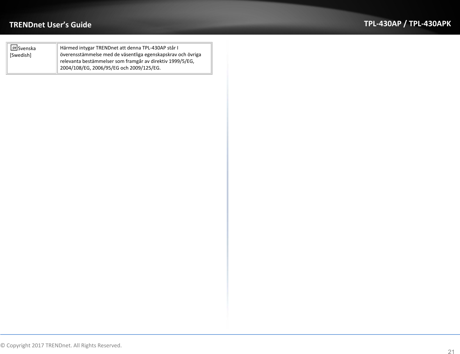   ©Copyright2017TRENDnet.AllRightsReserved. TRENDnetUser’sGuideTPL‐430AP/TPL‐430APK21Svenska[Swedish]HärmedintygarTRENDnetattdennaTPL‐430APstårIöverensstämmelsemeddeväsentligaegenskapskravochövrigarelevantabestämmelsersomframgåravdirektiv1999/5/EG,2004/108/EG,2006/95/EGoch2009/125/EG.