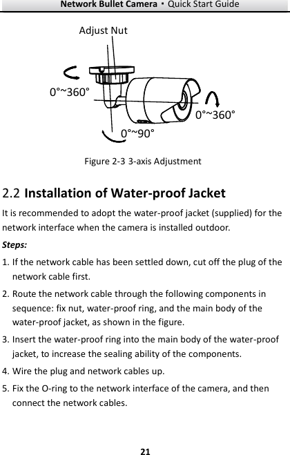 Network Bullet Camera·Quick Start Guide  21 21 0°~90°Adjust Nut0°~360°0°~360°  3-axis Adjustment Figure 2-3 Installation of Water-proof Jacket   2.2It is recommended to adopt the water-proof jacket (supplied) for the network interface when the camera is installed outdoor.   Steps: 1. If the network cable has been settled down, cut off the plug of the network cable first. 2. Route the network cable through the following components in sequence: fix nut, water-proof ring, and the main body of the water-proof jacket, as shown in the figure. 3. Insert the water-proof ring into the main body of the water-proof jacket, to increase the sealing ability of the components. 4. Wire the plug and network cables up. 5. Fix the O-ring to the network interface of the camera, and then connect the network cables. 