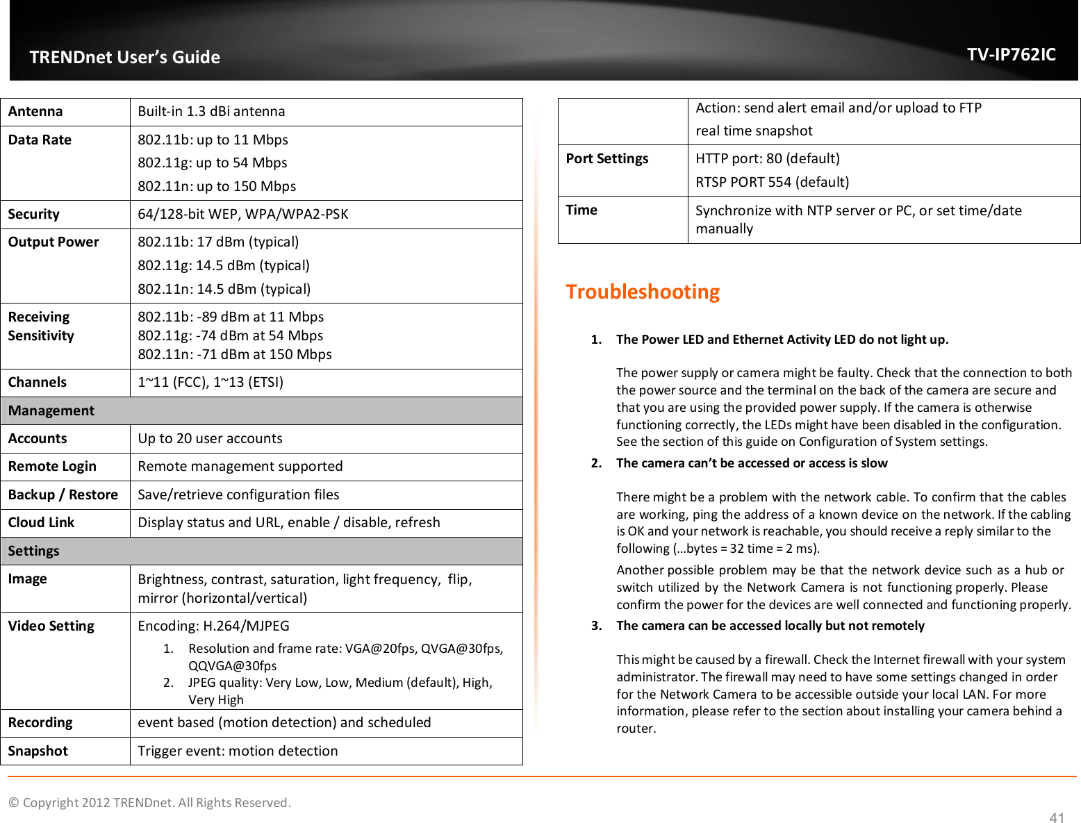              © Copyright 2012 TRENDnet. All Rights Reserved.       TRENDnet User’s Guide TV-IP762IC 41 Antenna  Built-in 1.3 dBi antenna Data Rate  802.11b: up to 11 Mbps 802.11g: up to 54 Mbps 802.11n: up to 150 Mbps Security  64/128-bit WEP, WPA/WPA2-PSK Output Power  802.11b: 17 dBm (typical) 802.11g: 14.5 dBm (typical) 802.11n: 14.5 dBm (typical) Receiving Sensitivity 802.11b: -89 dBm at 11 Mbps 802.11g: -74 dBm at 54 Mbps 802.11n: -71 dBm at 150 Mbps Channels  1~11 (FCC), 1~13 (ETSI) Management Accounts  Up to 20 user accounts Remote Login  Remote management supported Backup / Restore Save/retrieve configuration files Cloud Link  Display status and URL, enable / disable, refresh Settings Image  Brightness, contrast, saturation, light frequency,  flip, mirror (horizontal/vertical) Video Setting  Encoding: H.264/MJPEG 1. Resolution and frame rate: VGA@20fps, QVGA@30fps, QQVGA@30fps 2. JPEG quality: Very Low, Low, Medium (default), High, Very High Recording  event based (motion detection) and scheduled Snapshot  Trigger event: motion detection  Action: send alert email and/or upload to FTP  real time snapshot  Port Settings  HTTP port: 80 (default) RTSP PORT 554 (default) Time  Synchronize with NTP server or PC, or set time/date manually   Troubleshooting  1. The Power LED and Ethernet Activity LED do not light up. The power supply or camera might be faulty. Check that the connection to both the power source and the terminal on the back of the camera are secure and that you are using the provided power supply. If the camera is otherwise functioning correctly, the LEDs might have been disabled in the configuration. See the section of this guide on Configuration of System settings. 2. The camera can’t be accessed or access is slow There might be a problem with the network cable. To confirm that the cables are working, ping the address of a known device on the network. If the cabling is OK and your network is reachable, you should receive a reply similar to the following (…bytes = 32 time = 2 ms). Another possible problem may be that the network device such as a hub or switch utilized by the Network Camera is not functioning properly. Please confirm the power for the devices are well connected and functioning properly. 3. The camera can be accessed locally but not remotely This might be caused by a firewall. Check the Internet firewall with your system administrator. The firewall may need to have some settings changed in order for the Network Camera to be accessible outside your local LAN. For more information, please refer to the section about installing your camera behind a router. 