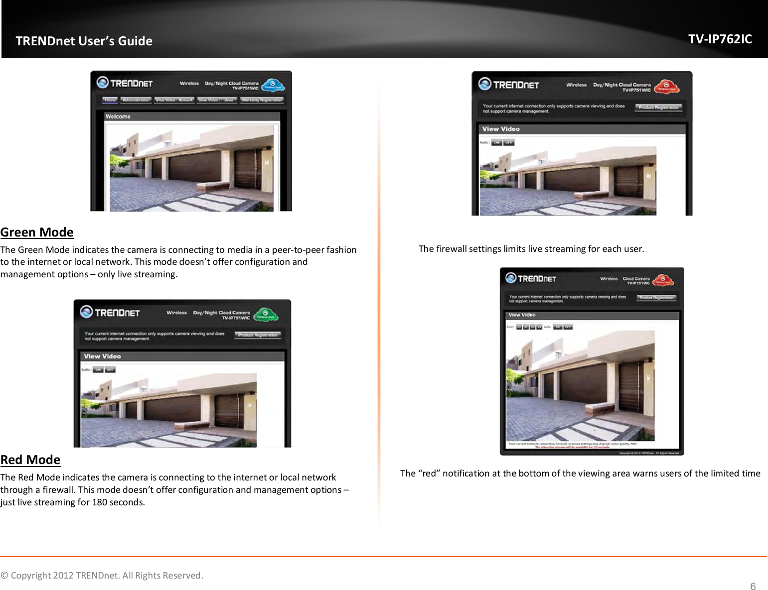              © Copyright 2012 TRENDnet. All Rights Reserved.       TRENDnet User’s Guide TV-IP762IC 6  Green Mode The Green Mode indicates the camera is connecting to media in a peer-to-peer fashion to the internet or local network. This mode doesn’t offer configuration and management options – only live streaming.   Red Mode The Red Mode indicates the camera is connecting to the internet or local network through a firewall. This mode doesn’t offer configuration and management options – just live streaming for 180 seconds.    The firewall settings limits live streaming for each user.  The “red” notification at the bottom of the viewing area warns users of the limited time 