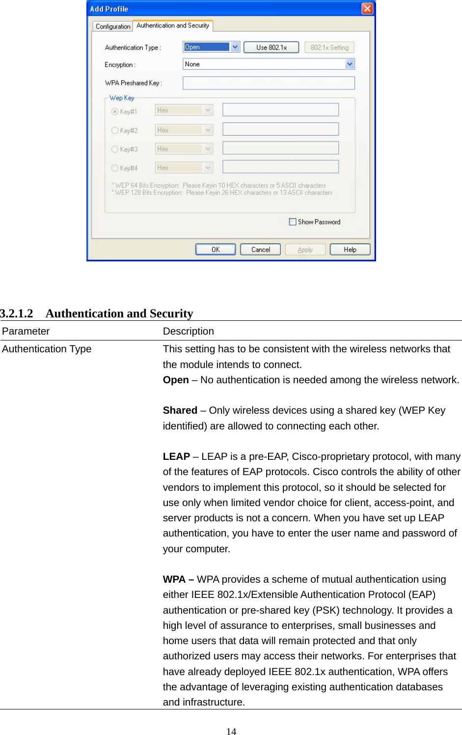  14      3.2.1.2  Authentication and Security Parameter Description Authentication Type  This setting has to be consistent with the wireless networks that the module intends to connect. Open – No authentication is needed among the wireless network. Shared – Only wireless devices using a shared key (WEP Key identified) are allowed to connecting each other.    LEAP – LEAP is a pre-EAP, Cisco-proprietary protocol, with many of the features of EAP protocols. Cisco controls the ability of other vendors to implement this protocol, so it should be selected for use only when limited vendor choice for client, access-point, and server products is not a concern. When you have set up LEAP authentication, you have to enter the user name and password of your computer.  WPA – WPA provides a scheme of mutual authentication using either IEEE 802.1x/Extensible Authentication Protocol (EAP) authentication or pre-shared key (PSK) technology. It provides a high level of assurance to enterprises, small businesses and home users that data will remain protected and that only authorized users may access their networks. For enterprises that have already deployed IEEE 802.1x authentication, WPA offers the advantage of leveraging existing authentication databases and infrastructure.   
