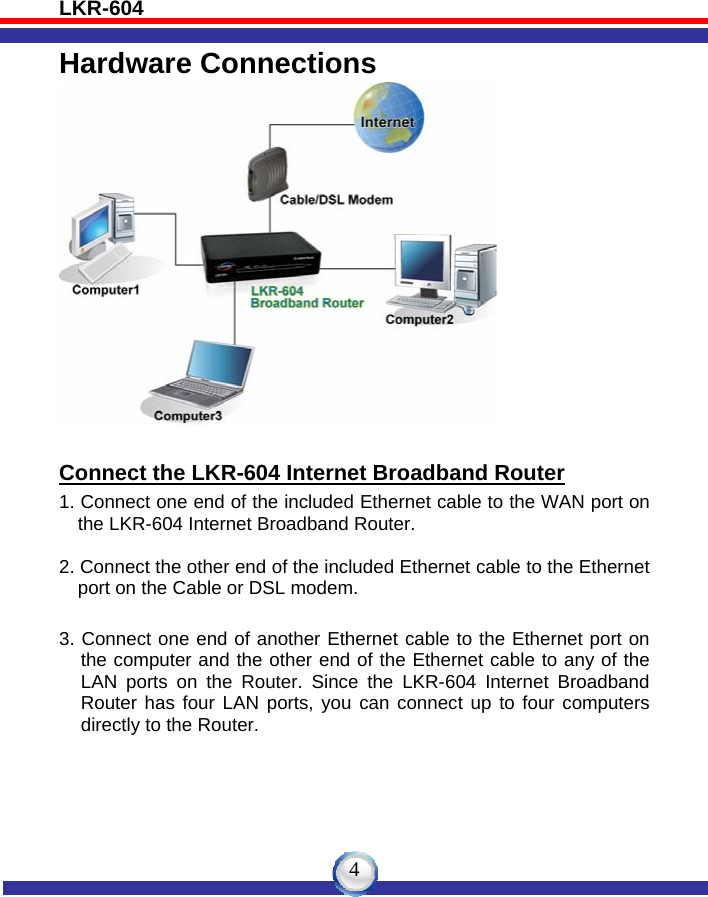 LKR-604   4Hardware Connections     Connect the LKR-604 Internet Broadband Router 1. Connect one end of the included Ethernet cable to the WAN port on the LKR-604 Internet Broadband Router.  2. Connect the other end of the included Ethernet cable to the Ethernet port on the Cable or DSL modem.  3. Connect one end of another Ethernet cable to the Ethernet port on the computer and the other end of the Ethernet cable to any of the LAN ports on the Router. Since the LKR-604 Internet Broadband Router has four LAN ports, you can connect up to four computers directly to the Router.   