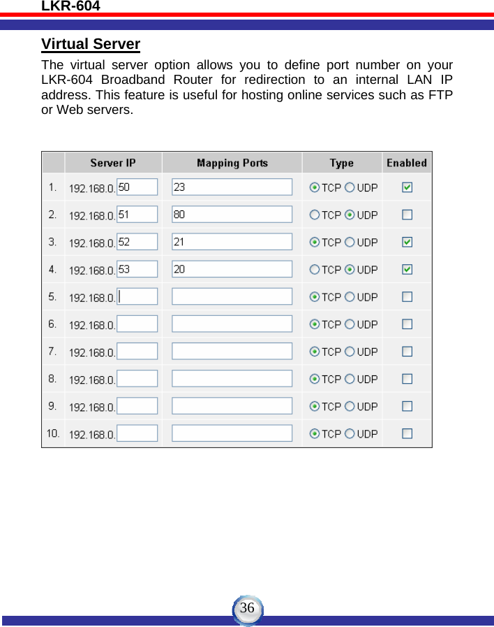 LKR-604   36Virtual Server The virtual server option allows you to define port number on your LKR-604 Broadband Router for redirection to an internal LAN IP address. This feature is useful for hosting online services such as FTP or Web servers.      