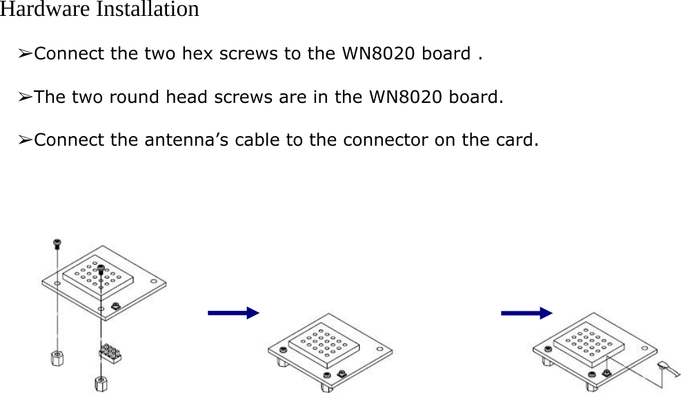   Hardware Installation    ➢Connect the two hex screws to the WN8020 board .    ➢The two round head screws are in the WN8020 board.    ➢Connect the antenna’s cable to the connector on the card.           