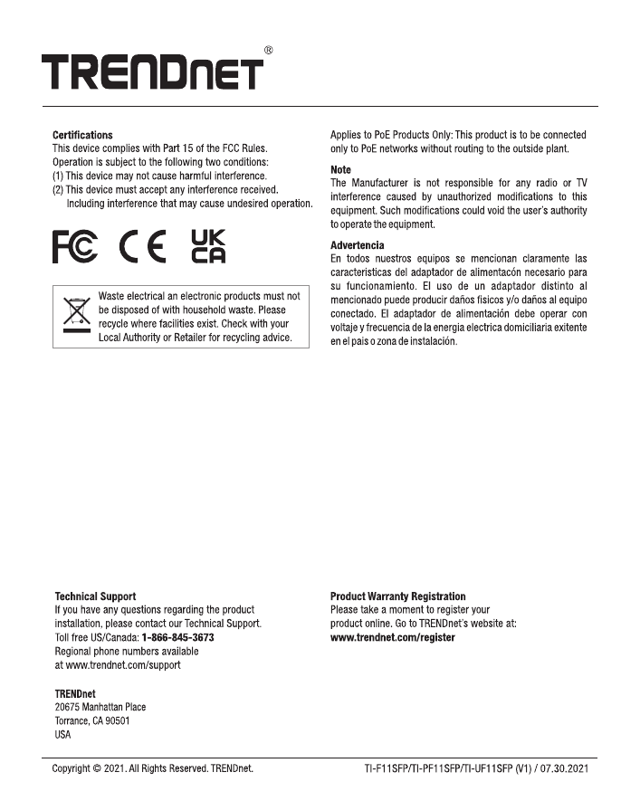Page 9 of 9 - TRENDnet French_TI-F11SFPTI-TI-PF11SFP-TI-UF11SFP(V1.0R)_073021 French TI-F11SFPTI-TI-PF11SFP-TI-UF11SFP(V1.0R) 073021