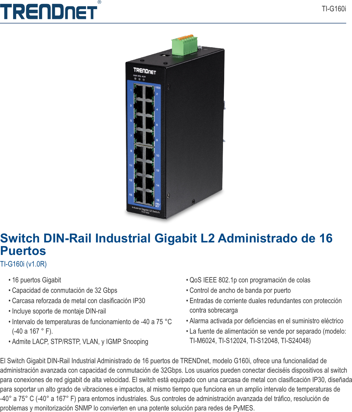 Page 1 of 4 - TRENDnet SP_datasheet_TI-G160i_(v1.0R) SP Datasheet TI-G160i (v1.0R)
