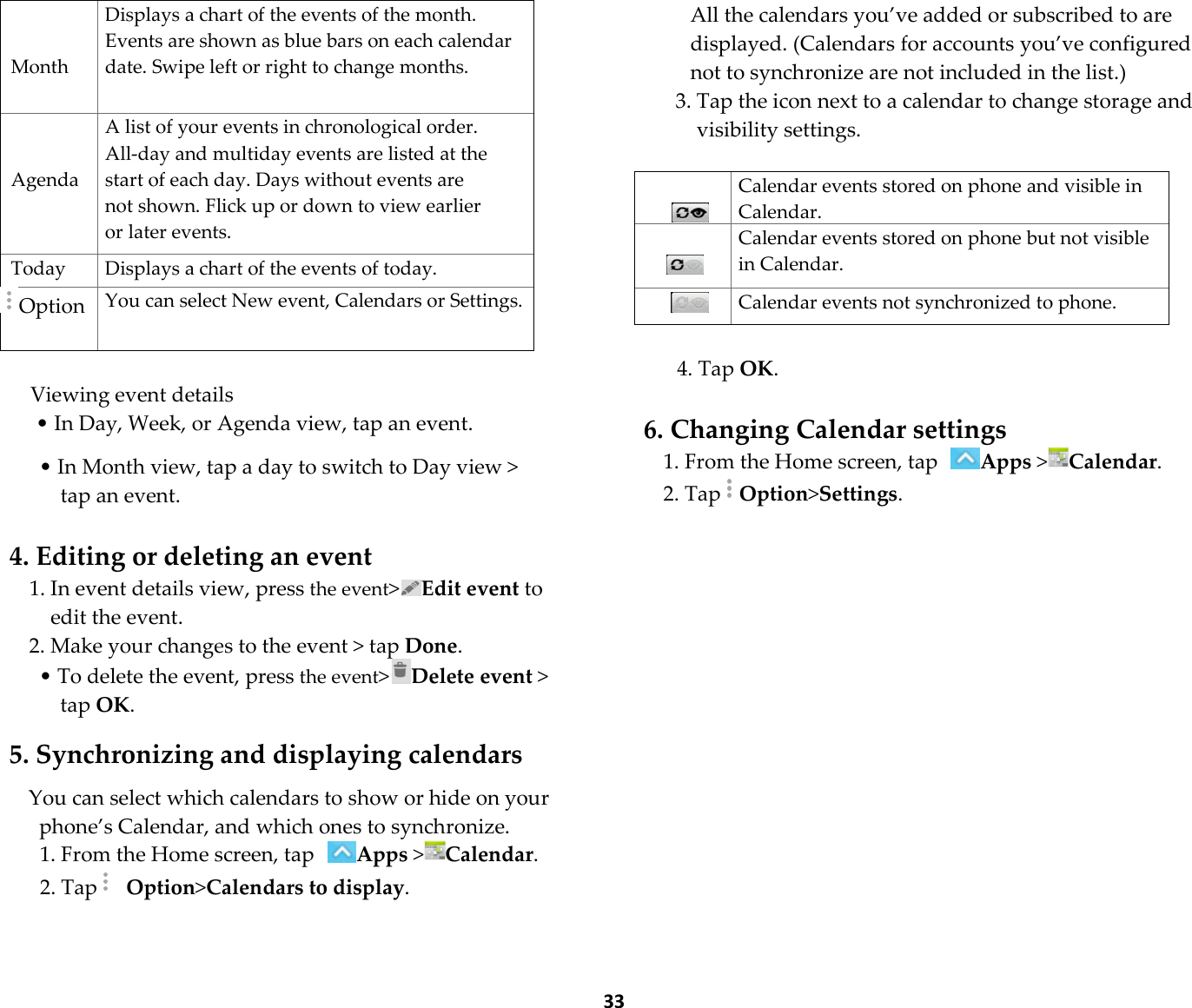  33   Month Displays a chart of the events of the month. Events are shown as blue bars on each calendar date. Swipe left or right to change months.   Agenda A list of your events in chronological order. All-day and multiday events are listed at the start of each day. Days without events are not shown. Flick up or down to view earlier or later events. Today  Displays a chart of the events of today. Option You can select New event, Calendars or Settings.  Viewing event details • In Day, Week, or Agenda view, tap an event.  • In Month view, tap a day to switch to Day view &gt;   tap an event.  4. Editing or deleting an event 1. In event details view, press the event&gt;Edit event to edit the event. 2. Make your changes to the event &gt; tap Done. • To delete the event, press the event&gt;Delete event &gt; tap OK.  5. Synchronizing and displaying calendars  You can select which calendars to show or hide on your phone’s Calendar, and which ones to synchronize. 1. From the Home screen, tap Apps &gt;Calendar. 2. Tap  Option&gt;Calendars to display.  All the calendars you’ve added or subscribed to are displayed. (Calendars for accounts you’ve configured not to synchronize are not included in the list.) 3. Tap the icon next to a calendar to change storage and visibility settings.    Calendar events stored on phone and visible in Calendar.   Calendar events stored on phone but not visible in Calendar.  Calendar events not synchronized to phone.  4. Tap OK.  6. Changing Calendar settings 1. From the Home screen, tap Apps &gt;Calendar. 2. TapOption&gt;Settings. 
