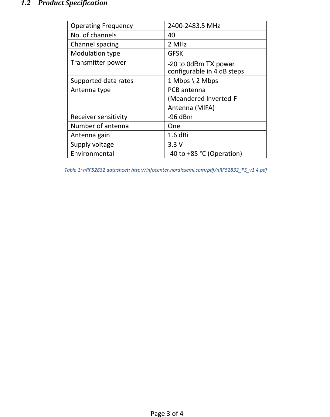        Page 3 of 4     1.2 Product Specification              Table 1: nRF52832 datasheet: http://infocenter.nordicsemi.com/pdf/nRF52832_PS_v1.4.pdf                        Operating Frequency  2400-2483.5 MHz  No. of channels 40  Channel spacing 2 MHz Modulation type GFSK   Transmitter power  -20 to +4 dBm TX power, configurable in 4 dB steps  Supported data rates 1 Mbps \ 2 Mbps Antenna type PCB antenna  (Meandered Inverted-F Antenna (MIFA)  Receiver sensitivity -96 dBm Number of antenna One Antenna gain 1.6 dBi  Supply voltage 3.3 V Environmental -40 to +85 °C (Operation) -20 to 0dBm TX power,