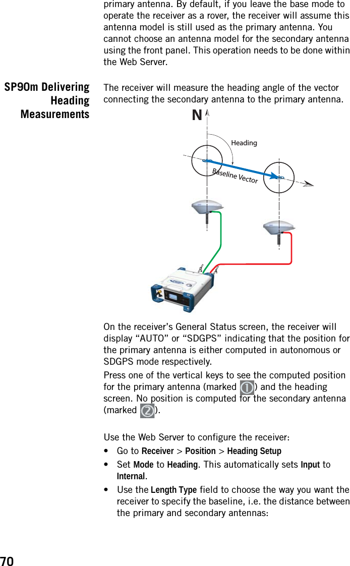 70primary antenna. By default, if you leave the base mode to operate the receiver as a rover, the receiver will assume this antenna model is still used as the primary antenna. You cannot choose an antenna model for the secondary antenna using the front panel. This operation needs to be done within the Web Server.SP90m DeliveringHeadingMeasurementsThe receiver will measure the heading angle of the vector connecting the secondary antenna to the primary antenna.On the receiver’s General Status screen, the receiver will display “AUTO” or “SDGPS” indicating that the position for the primary antenna is either computed in autonomous or SDGPS mode respectively.Press one of the vertical keys to see the computed position for the primary antenna (marked  ) and the heading screen. No position is computed for the secondary antenna (marked ).Use the Web Server to configure the receiver:• Go to Receiver &gt; Position &gt; Heading Setup• Set Mode to Heading. This automatically sets Input to Internal.•Use the Length Type field to choose the way you want the receiver to specify the baseline, i.e. the distance between the primary and secondary antennas:12NHeadingBaseline Vector