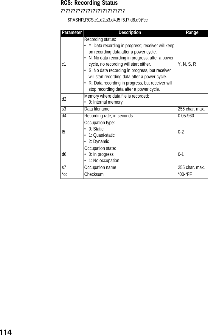 114RCS: Recording Status??????????????????????????$PASHR,RCS,c1,d2,s3,d4,f5,f6,f7,d8,d9)*ccParameter Description Rangec1Recording status: • Y: Data recording in progress; receiver will keep on recording data after a power cycle.• N: No data recording in progress; after a power cycle, no recording will start either.• S: No data recording in progress, but receiver will start recording data after a power cycle.• R: Data recording in progress, but receiver will stop recording data after a power cycle.Y, N, S, Rd2 Memory where data file is recorded:• 0: Internal memorys3 Data filename 255 char. max.d4 Recording rate, in seconds: 0.05-960f5Occupation type:•0: Static• 1: Quasi-static• 2: Dynamic0-2d6Occupation state:• 0: In progress• 1: No occupation0-1s7 Occupation name 255 char. max.*cc Checksum *00-*FF