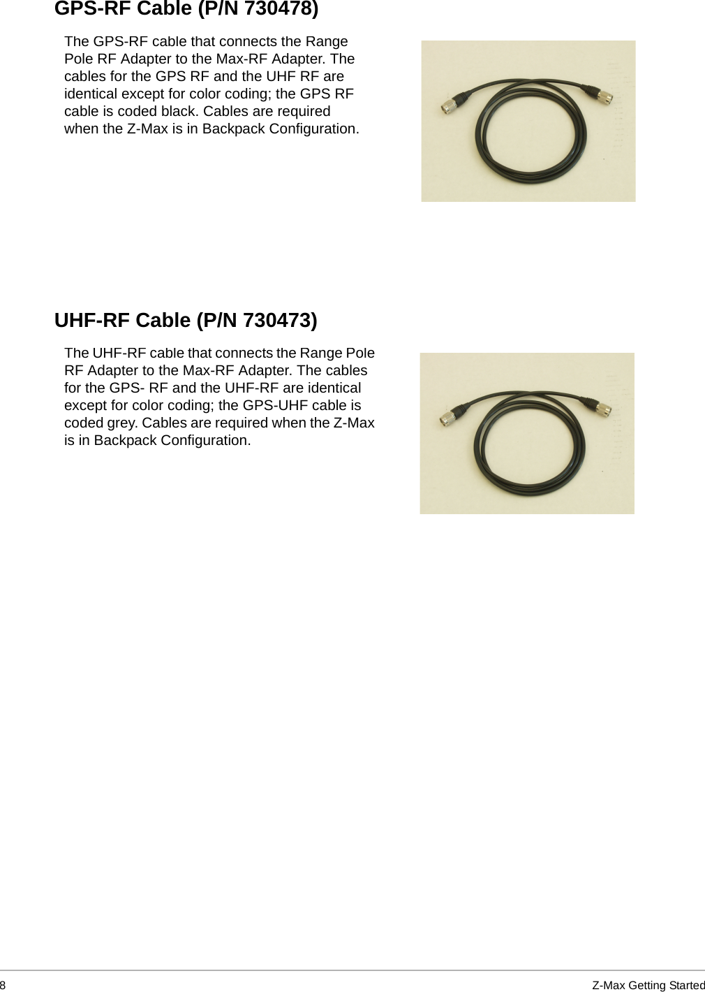 8Z-Max Getting StartedGPS-RF Cable (P/N 730478)UHF-RF Cable (P/N 730473)The GPS-RF cable that connects the Range Pole RF Adapter to the Max-RF Adapter. The cables for the GPS RF and the UHF RF are identical except for color coding; the GPS RF cable is coded black. Cables are required when the Z-Max is in Backpack Configuration.The UHF-RF cable that connects the Range Pole RF Adapter to the Max-RF Adapter. The cables for the GPS- RF and the UHF-RF are identical except for color coding; the GPS-UHF cable is coded grey. Cables are required when the Z-Max is in Backpack Configuration.