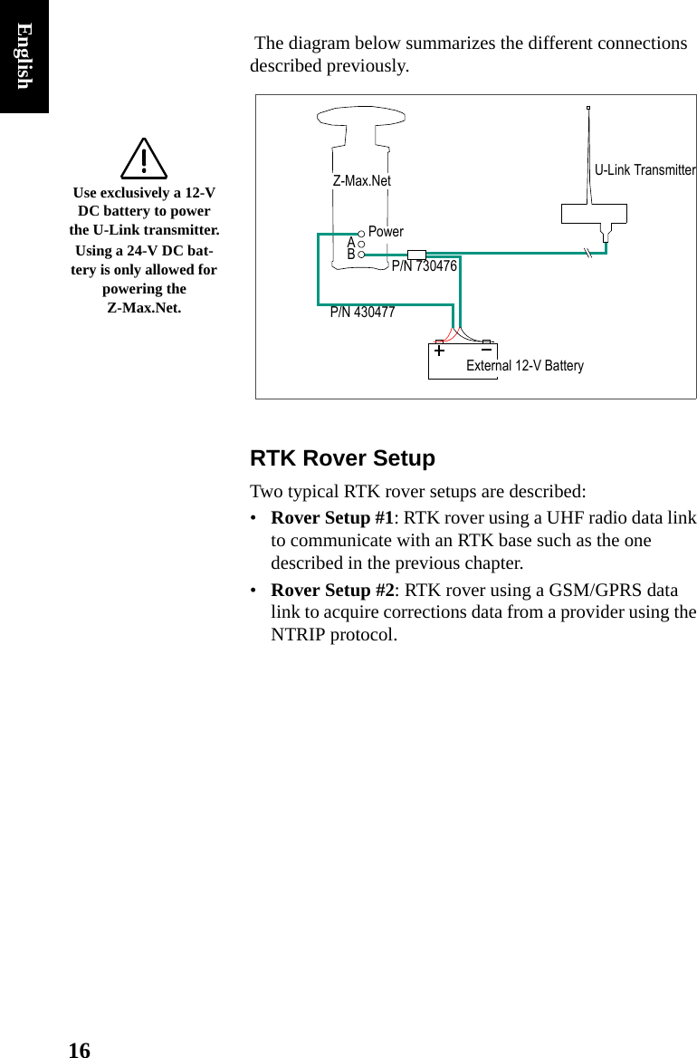 16English The diagram below summarizes the different connections described previously.RTK Rover SetupTwo typical RTK rover setups are described:•Rover Setup #1: RTK rover using a UHF radio data link to communicate with an RTK base such as the one described in the previous chapter.•Rover Setup #2: RTK rover using a GSM/GPRS data link to acquire corrections data from a provider using the NTRIP protocol.Use exclusively a 12-V DC battery to power the U-Link transmitter.Using a 24-V DC bat-tery is only allowed for powering the Z-Max.Net.ABPowerU-Link TransmitterExternal 12-V BatteryP/N 730476P/N 430477Z-Max.Net