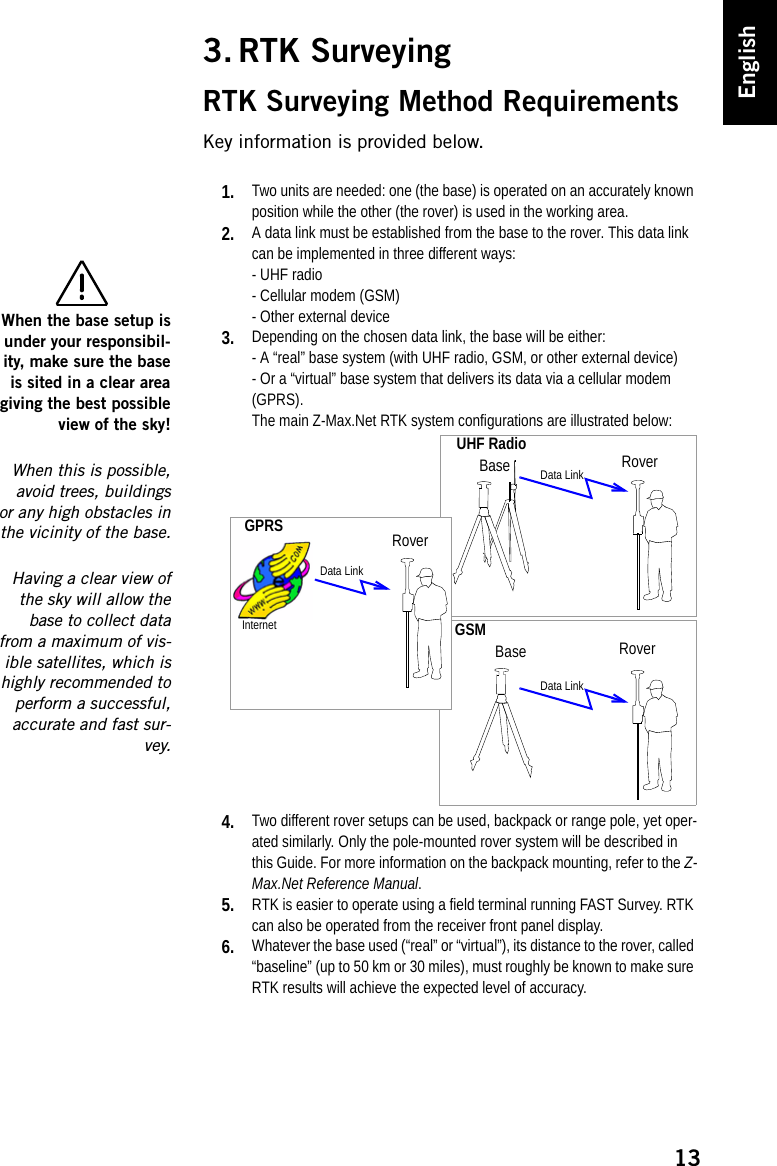 13English3. RTK SurveyingRTK Surveying Method RequirementsKey information is provided below.1. Two units are needed: one (the base) is operated on an accurately known position while the other (the rover) is used in the working area. 2. A data link must be established from the base to the rover. This data link can be implemented in three different ways:- UHF radio- Cellular modem (GSM)- Other external device3. Depending on the chosen data link, the base will be either:- A “real” base system (with UHF radio, GSM, or other external device)- Or a “virtual” base system that delivers its data via a cellular modem (GPRS).The main Z-Max.Net RTK system configurations are illustrated below:4. Two different rover setups can be used, backpack or range pole, yet oper-ated similarly. Only the pole-mounted rover system will be described in this Guide. For more information on the backpack mounting, refer to the Z-Max.Net Reference Manual.5. RTK is easier to operate using a field terminal running FAST Survey. RTK can also be operated from the receiver front panel display.6. Whatever the base used (“real” or “virtual”), its distance to the rover, called “baseline” (up to 50 km or 30 miles), must roughly be known to make sure RTK results will achieve the expected level of accuracy.When the base setup isunder your responsibil-ity, make sure the baseis sited in a clear areagiving the best possibleview of the sky!When this is possible,avoid trees, buildingsor any high obstacles inthe vicinity of the base.Having a clear view ofthe sky will allow thebase to collect datafrom a maximum of vis-ible satellites, which ishighly recommended toperform a successful,accurate and fast sur-vey.BaseUHF Radio RoverData LinkRoverBase RoverGSMGPRSData LinkData LinkInternet