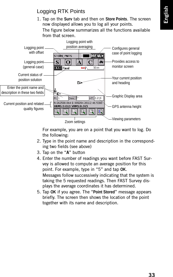 33EnglishLogging RTK Points1. Tap on the Surv tab and then on Store Points. The screen now displayed allows you to log all your points.The figure below summarizes all the functions available from that screen.For example, you are on a point that you want to log. Do the following:2. Type in the point name and description in the correspond-ing two fields (see above)3. Tap on the “A” button4. Enter the number of readings you want before FAST Sur-vey is allowed to compute an average position for this point. For example, type in “5” and tap OK.Messages follow successively indicating that the system is taking the 5 requested readings. Then FAST Survey dis-plays the average coordinates it has determined.5. Tap OK if you agree. The “Point Stored” message appears briefly. The screen then shows the location of the point together with its name and description.Logging pointwith offsetGPS antenna heightCurrent position and relatedquality figuresEnter the point name anddescription in these two fields Graphic Display areaYour current position and headingLogging point(general case)Provides access to monitor screenViewing parametersZoom settingsLogging point withposition averaging Configures general case of point loggingCurrent status of position solution