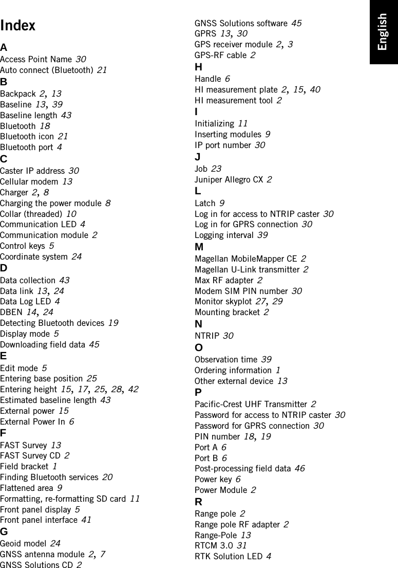 EnglishIndexAAccess Point Name 30Auto connect (Bluetooth) 21BBackpack 2, 13Baseline 13, 39Baseline length 43Bluetooth 18Bluetooth icon 21Bluetooth port 4CCaster IP address 30Cellular modem 13Charger 2, 8Charging the power module 8Collar (threaded) 10Communication LED 4Communication module 2Control keys 5Coordinate system 24DData collection 43Data link 13, 24Data Log LED 4DBEN 14, 24Detecting Bluetooth devices 19Display mode 5Downloading field data 45EEdit mode 5Entering base position 25Entering height 15, 17, 25, 28, 42Estimated baseline length 43External power 15External Power In 6FFAST Survey 13FAST Survey CD 2Field bracket 1Finding Bluetooth services 20Flattened area 9Formatting, re-formatting SD card 11Front panel display 5Front panel interface 41GGeoid model 24GNSS antenna module 2, 7GNSS Solutions CD 2GNSS Solutions software 45GPRS 13, 30GPS receiver module 2, 3GPS-RF cable 2HHandle 6HI measurement plate 2, 15, 40HI measurement tool 2IInitializing 11Inserting modules 9IP port number 30JJob 23Juniper Allegro CX 2LLatch 9Log in for access to NTRIP caster 30Log in for GPRS connection 30Logging interval 39MMagellan MobileMapper CE 2Magellan U-Link transmitter 2Max RF adapter 2Modem SIM PIN number 30Monitor skyplot 27, 29Mounting bracket 2NNTRIP 30OObservation time 39Ordering information 1Other external device 13PPacific-Crest UHF Transmitter 2Password for access to NTRIP caster 30Password for GPRS connection 30PIN number 18, 19Port A 6Port B 6Post-processing field data 46Power key 6Power Module 2RRange pole 2Range pole RF adapter 2Range-Pole 13RTCM 3.0 31RTK Solution LED 4