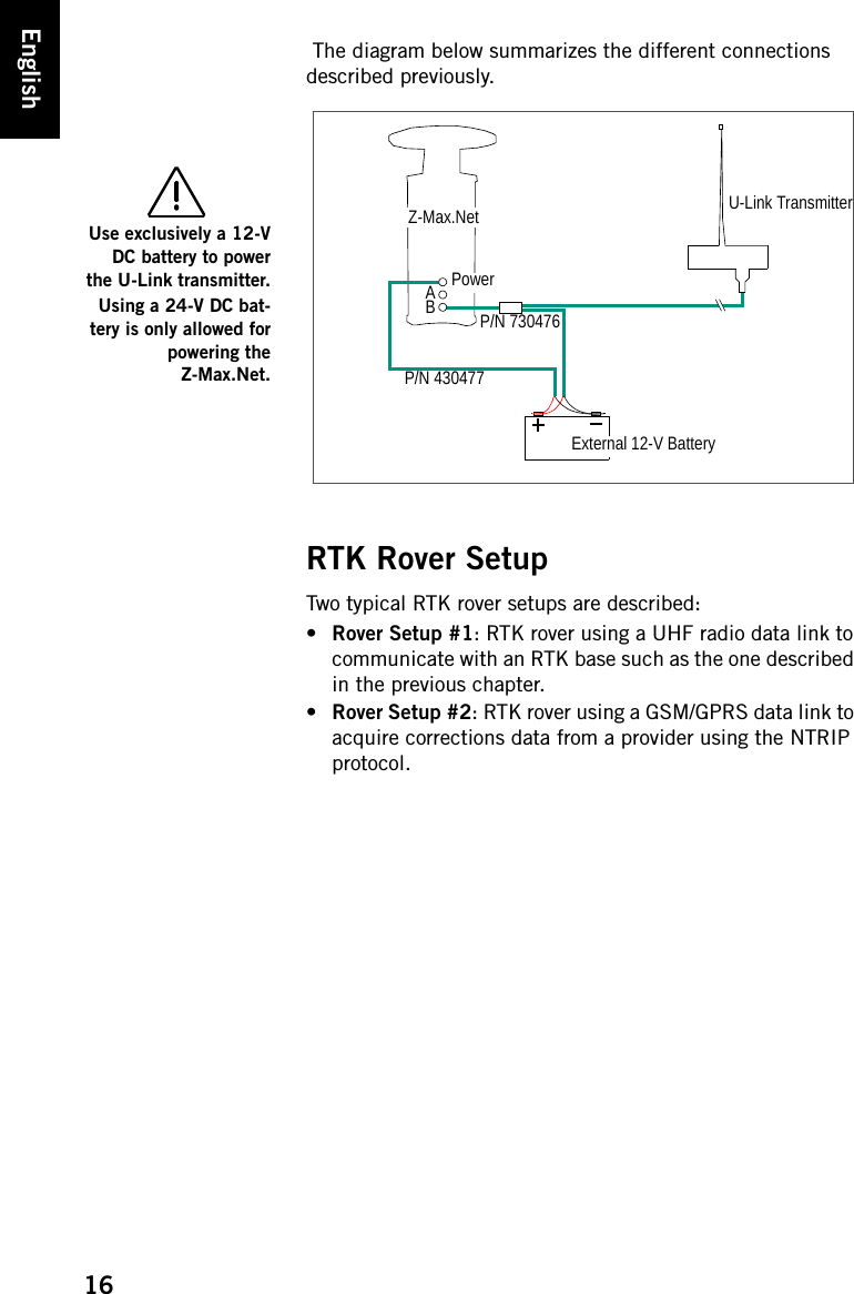 16English The diagram below summarizes the different connections described previously.RTK Rover SetupTwo typical RTK rover setups are described:•Rover Setup #1: RTK rover using a UHF radio data link to communicate with an RTK base such as the one described in the previous chapter.•Rover Setup #2: RTK rover using a GSM/GPRS data link to acquire corrections data from a provider using the NTRIP protocol.Use exclusively a 12-VDC battery to powerthe U-Link transmitter.Using a 24-V DC bat-tery is only allowed forpowering theZ-Max.Net.ABPowerU-Link TransmitterExternal 12-V BatteryP/N 730476P/N 430477Z-Max.Net