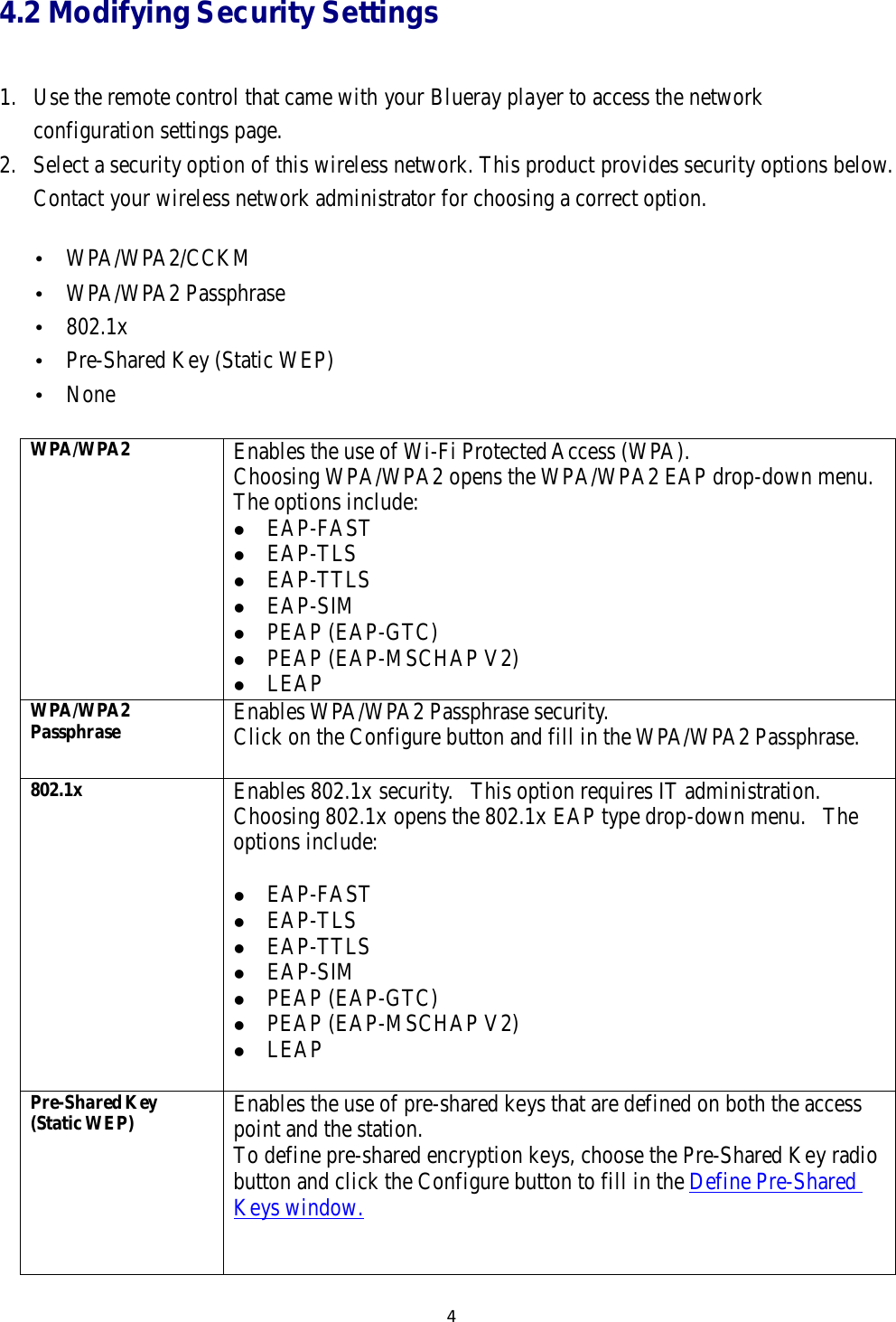  4.2 Modifying Security Settings    1.   Use the remote control that came with your Blueray player to access the network configuration settings page. 2.   Select a security option of this wireless network. This product provides security options below. Contact your wireless network administrator for choosing a correct option.   • WPA/WPA2/CCKM • WPA/WPA2 Passphrase • 802.1x • Pre-Shared Key (Static WEP) • None   WPA/WPA2 Enables the use of Wi-Fi Protected Access (WPA). Choosing WPA/WPA2 opens the WPA/WPA2 EAP drop-down menu. The options include:  EAP-FAST  EAP-TLS  EAP-TTLS  EAP-SIM  PEAP (EAP-GTC)  PEAP (EAP-MSCHAP V2)  LEAP WPA/WPA2 Passphrase Enables WPA/WPA2 Passphrase security. Click on the Configure button and fill in the WPA/WPA2 Passphrase. 802.1x Enables 802.1x security.   This option requires IT administration. Choosing 802.1x opens the 802.1x EAP type drop-down menu.   The options include:   EAP-FAST  EAP-TLS  EAP-TTLS  EAP-SIM  PEAP (EAP-GTC)  PEAP (EAP-MSCHAP V2)  LEAP Pre-Shared Key (Static WEP) Enables the use of pre-shared keys that are defined on both the access point and the station. To define pre-shared encryption keys, choose the Pre-Shared Key radio button and click the Configure button to fill in the  Define Pre-Shared  Keys window.  4 