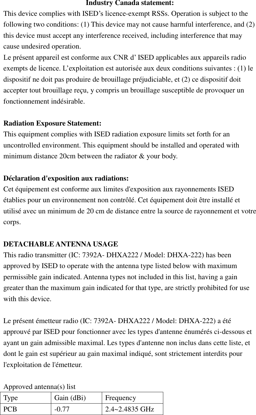 Industry Canada statement: This device complies with ISED’s licence-exempt RSSs. Operation is subject to the following two conditions: (1) This device may not cause harmful interference, and (2) this device must accept any interference received, including interference that may cause undesired operation. Le présent appareil est conforme aux CNR d’ ISED applicables aux appareils radio exempts de licence. L’exploitation est autorisée aux deux conditions suivantes : (1) le dispositif ne doit pas produire de brouillage préjudiciable, et (2) ce dispositif doit accepter tout brouillage reçu, y compris un brouillage susceptible de provoquer un fonctionnement indésirable.    Radiation Exposure Statement: This equipment complies with ISED radiation exposure limits set forth for an uncontrolled environment. This equipment should be installed and operated with minimum distance 20cm between the radiator &amp; your body.  Déclaration d&apos;exposition aux radiations: Cet équipement est conforme aux limites d&apos;exposition aux rayonnements ISED établies pour un environnement non contrôlé. Cet équipement doit être installé et utilisé avec un minimum de 20 cm de distance entre la source de rayonnement et votre corps.  DETACHABLE ANTENNA USAGE This radio transmitter (IC: 7392A- DHXA222 / Model: DHXA-222) has been approved by ISED to operate with the antenna type listed below with maximum permissible gain indicated. Antenna types not included in this list, having a gain greater than the maximum gain indicated for that type, are strictly prohibited for use with this device.  Le présent émetteur radio (IC: 7392A- DHXA222 / Model: DHXA-222) a été approuvé par ISED pour fonctionner avec les types d&apos;antenne énumérés ci-dessous et ayant un gain admissible maximal. Les types d&apos;antenne non inclus dans cette liste, et dont le gain est supérieur au gain maximal indiqué, sont strictement interdits pour l&apos;exploitation de l&apos;émetteur.    Approved antenna(s) list Type Gain (dBi) Frequency PCB -0.77 2.4~2.4835 GHz 