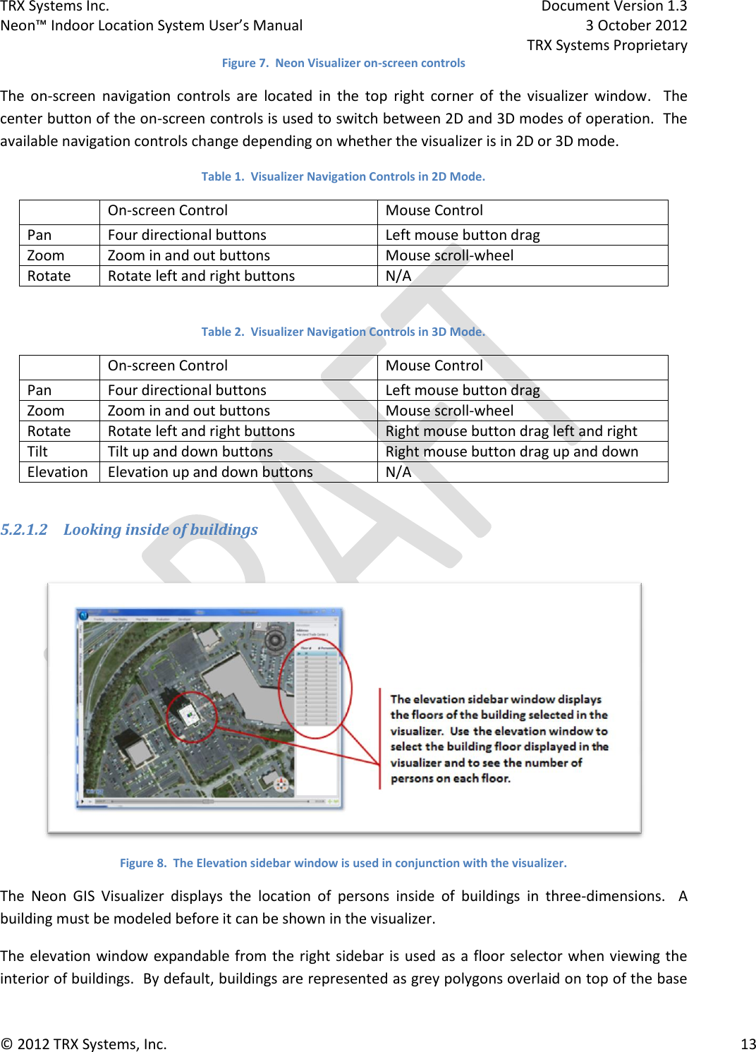 TRX Systems Inc.    Document Version 1.3   Neon™ Indoor Location System User’s Manual    3 October 2012     TRX Systems Proprietary © 2012 TRX Systems, Inc.      13 Figure 7.  Neon Visualizer on-screen controls The  on-screen  navigation  controls  are  located  in  the  top  right  corner  of  the  visualizer  window.    The center button of the on-screen controls is used to switch between 2D and 3D modes of operation.  The available navigation controls change depending on whether the visualizer is in 2D or 3D mode. Table 1.  Visualizer Navigation Controls in 2D Mode.  On-screen Control Mouse Control Pan Four directional buttons Left mouse button drag Zoom Zoom in and out buttons Mouse scroll-wheel Rotate Rotate left and right buttons N/A  Table 2.  Visualizer Navigation Controls in 3D Mode.  On-screen Control Mouse Control Pan Four directional buttons Left mouse button drag Zoom Zoom in and out buttons Mouse scroll-wheel Rotate Rotate left and right buttons Right mouse button drag left and right Tilt Tilt up and down buttons Right mouse button drag up and down Elevation Elevation up and down buttons N/A  5.2.1.2 Looking inside of buildings   Figure 8.  The Elevation sidebar window is used in conjunction with the visualizer. The  Neon  GIS  Visualizer  displays  the  location  of  persons  inside  of  buildings  in  three-dimensions.  A building must be modeled before it can be shown in the visualizer.   The elevation window expandable from the right sidebar is  used as a floor selector when viewing the interior of buildings.  By default, buildings are represented as grey polygons overlaid on top of the base 