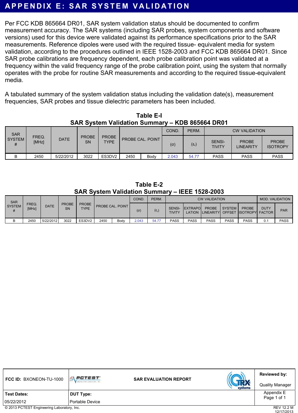 Reviewed by: FCC ID: BXONEON-TU-1000  SAR EVALUATION REPORT  Quality Manager Test Dates: DUT Type: 05/22/2012 Portable Device Appendix E Page 1 of 1  © 2013 PCTEST Engineering Laboratory, Inc.  REV 12.2 M  12/17/2013  APPENDIX E: SAR SYSTEM VALIDATION Per FCC KDB 865664 DR01, SAR system validation status should be documented to confirm measurement accuracy. The SAR systems (including SAR probes, system components and software versions) used for this device were validated against its performance specifications prior to the SAR measurements. Reference dipoles were used with the required tissue- equivalent media for system validation, according to the procedures outlined in IEEE 1528-2003 and FCC KDB 865664 DR01. Since SAR probe calibrations are frequency dependent, each probe calibration point was validated at a frequency within the valid frequency range of the probe calibration point, using the system that normally operates with the probe for routine SAR measurements and according to the required tissue-equivalent media.   A tabulated summary of the system validation status including the validation date(s), measurement frequencies, SAR probes and tissue dielectric parameters has been included.   Table E-I SAR System Validation Summary – KDB 865664 DR01 COND. PERM.(σ)(εr)SENSI- TIVITYPROBE LINEARITYPROBE  ISOTROPYB 2450 5/22/2012 3022 ES3DV2 2450 Body 2.043 54.77 PASS PASS PASSCW VALIDATIONSAR SYSTEM #FREQ. [MHz] DATE PROBE SNPROBE TYPE PROBE CAL. POINT    Table E-2  SAR System Validation Summary – IEEE 1528-2003 COND. PERM.(σ)(εr)SENSI- TIVITYEXTRAPOLATIONPROBE LINEARITYSYSTEM OFFSETPROBE  ISOTROPYDUTY FACTOR PARB 2450 5/22/2012 3022 ES3DV2 2450 Body 2.043 54.77 PASS PASS PASS PASS PASS 0.1 PASSPROBE TYPE PROBE CAL. POINTCW VALIDATION MOD. VALIDATIONSAR SYSTEM #FREQ. [MHz] DATE PROBE SN