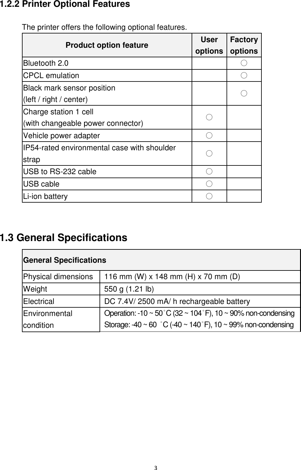 3 1.2.2 Printer Optional Features The printer offers the following optional features. Product option feature User options Factory options Bluetooth 2.0 ○ CPCL emulation ○ Black mark sensor position (left / right / center) ○ Charge station 1 cell (with changeable power connector) ○ Vehicle power adapter ○ IP54-rated environmental case with shoulder strap ○ USB to RS-232 cable ○ USB cable ○ Li-ion battery ○ 1.3 General Specifications General Specifications Physical dimensions 116 mm (W) x 148 mm (H) x 70 mm (D) Weight 550 g (1.21 lb) Electrical DC 7.4V/ 2500 mA/ h rechargeable battery Environmental condition Operation: -10 ~ 50˚C (32 ~ 104˚F), 10 ~ 90% non-condensing Storage: -40 ~ 60 ˚C (-40 ~ 140˚F), 10 ~ 99% non-condensing