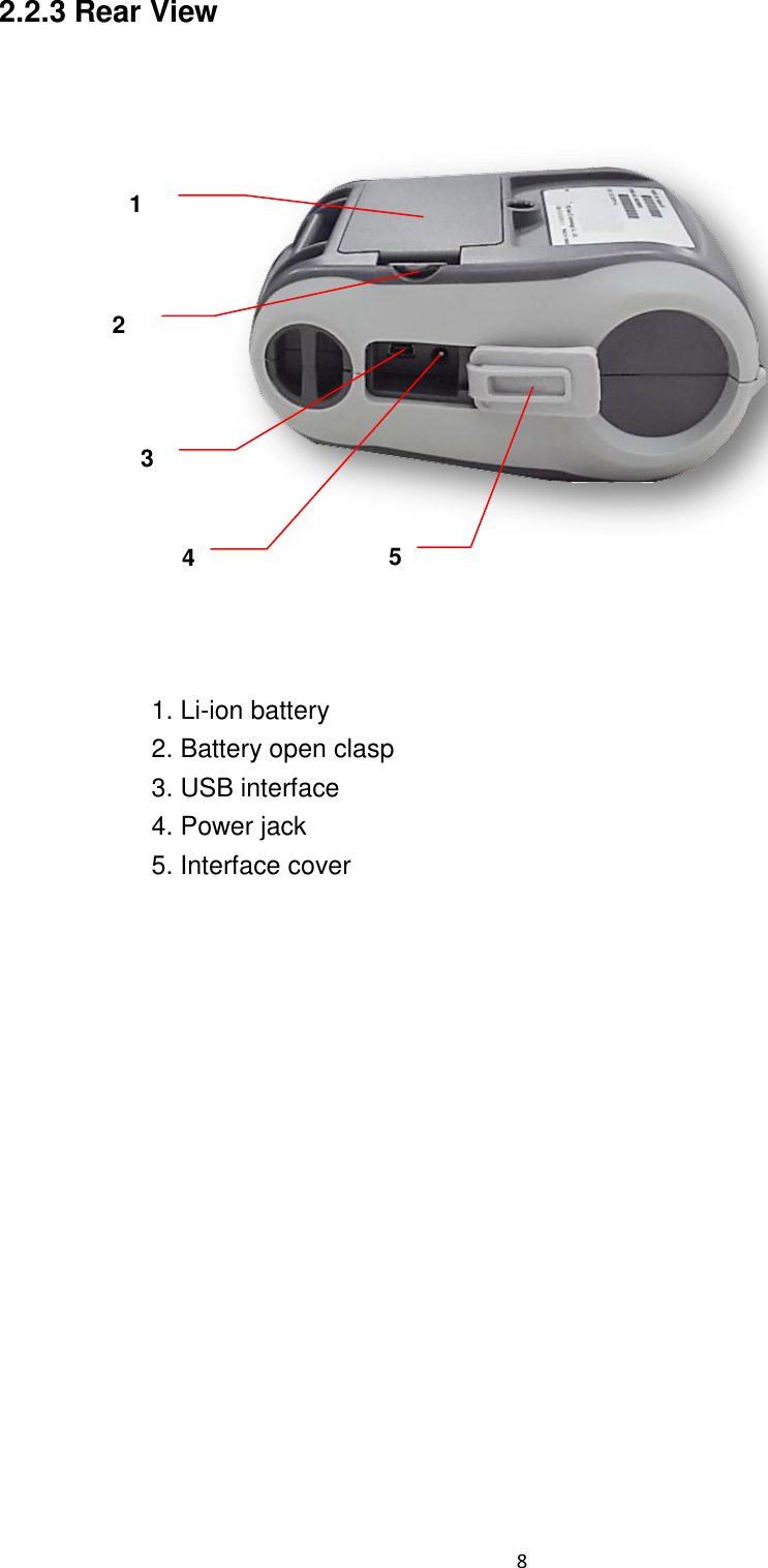 8  2.2.3 Rear View         1. Li-ion battery 2. Battery open clasp 3. USB interface 4. Power jack 5. Interface cover    3 2 4 1 5 