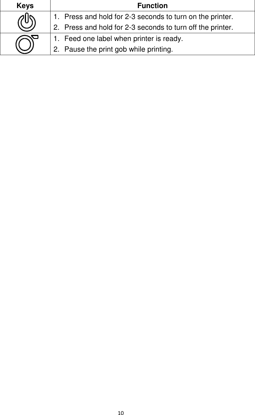 10      Keys Function  1.  Press and hold for 2-3 seconds to turn on the printer. 2.  Press and hold for 2-3 seconds to turn off the printer.  1.  Feed one label when printer is ready. 2.  Pause the print gob while printing. 