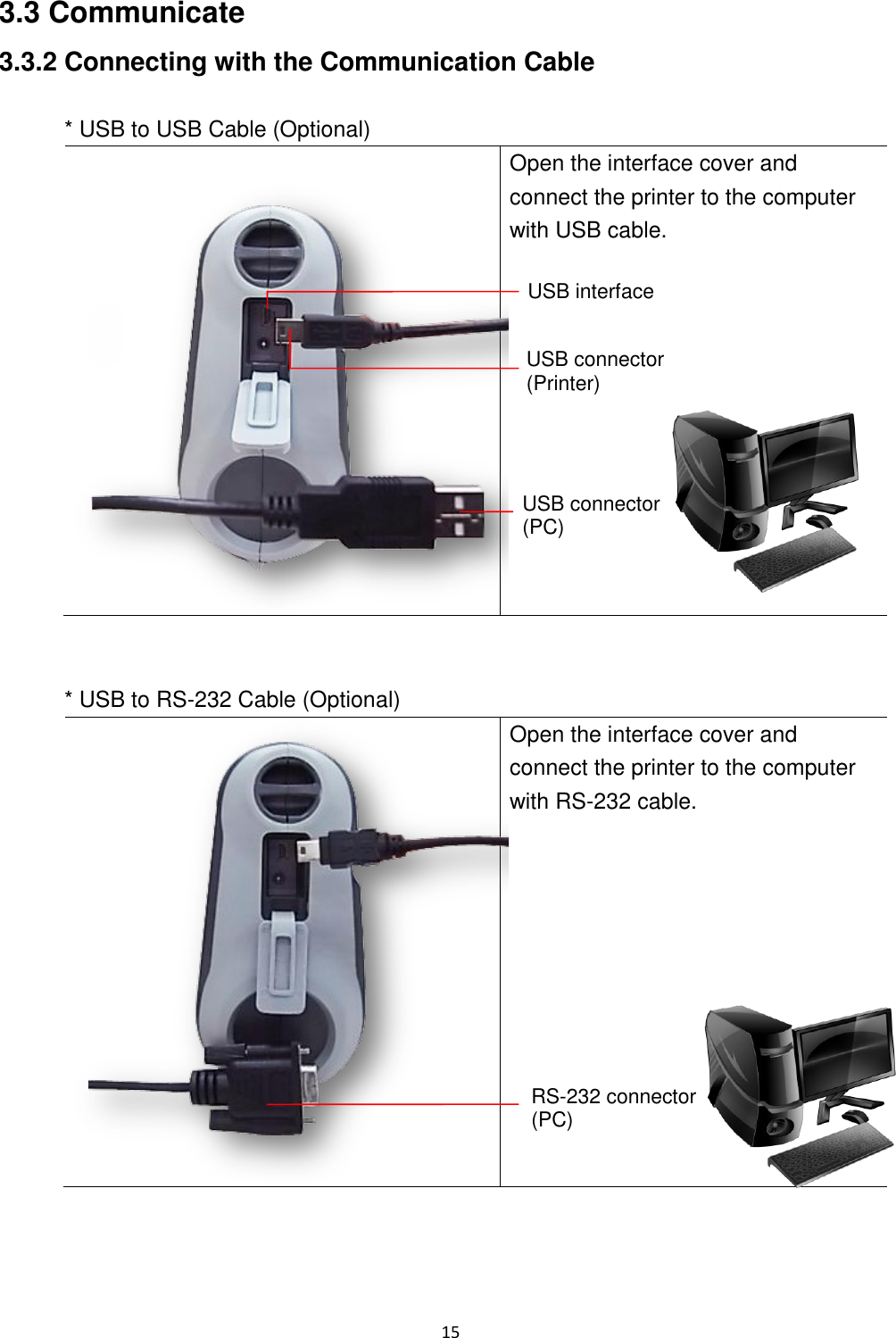 15  3.3 Communicate 3.3.2 Connecting with the Communication Cable  * USB to USB Cable (Optional)   Open the interface cover and connect the printer to the computer with USB cable.   * USB to RS-232 Cable (Optional)  Open the interface cover and connect the printer to the computer with RS-232 cable.     USB connector (Printer) USB connector (PC) USB interface RS-232 connector (PC) 