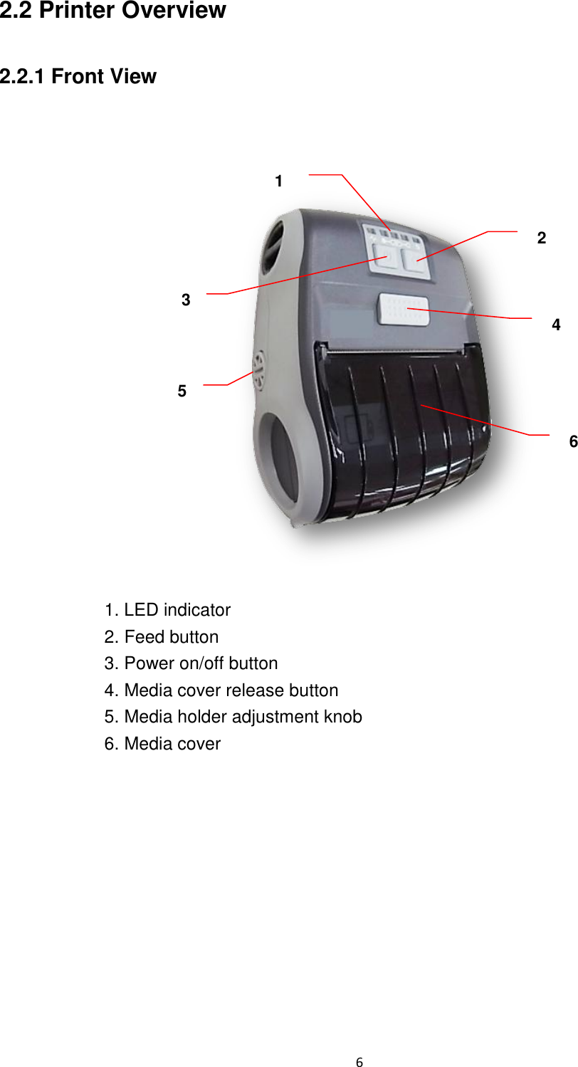 6  2.2 Printer Overview  2.2.1 Front View                    1. LED indicator 2. Feed button 3. Power on/off button 4. Media cover release button 5. Media holder adjustment knob 6. Media cover   1 2 3 4 5 6 