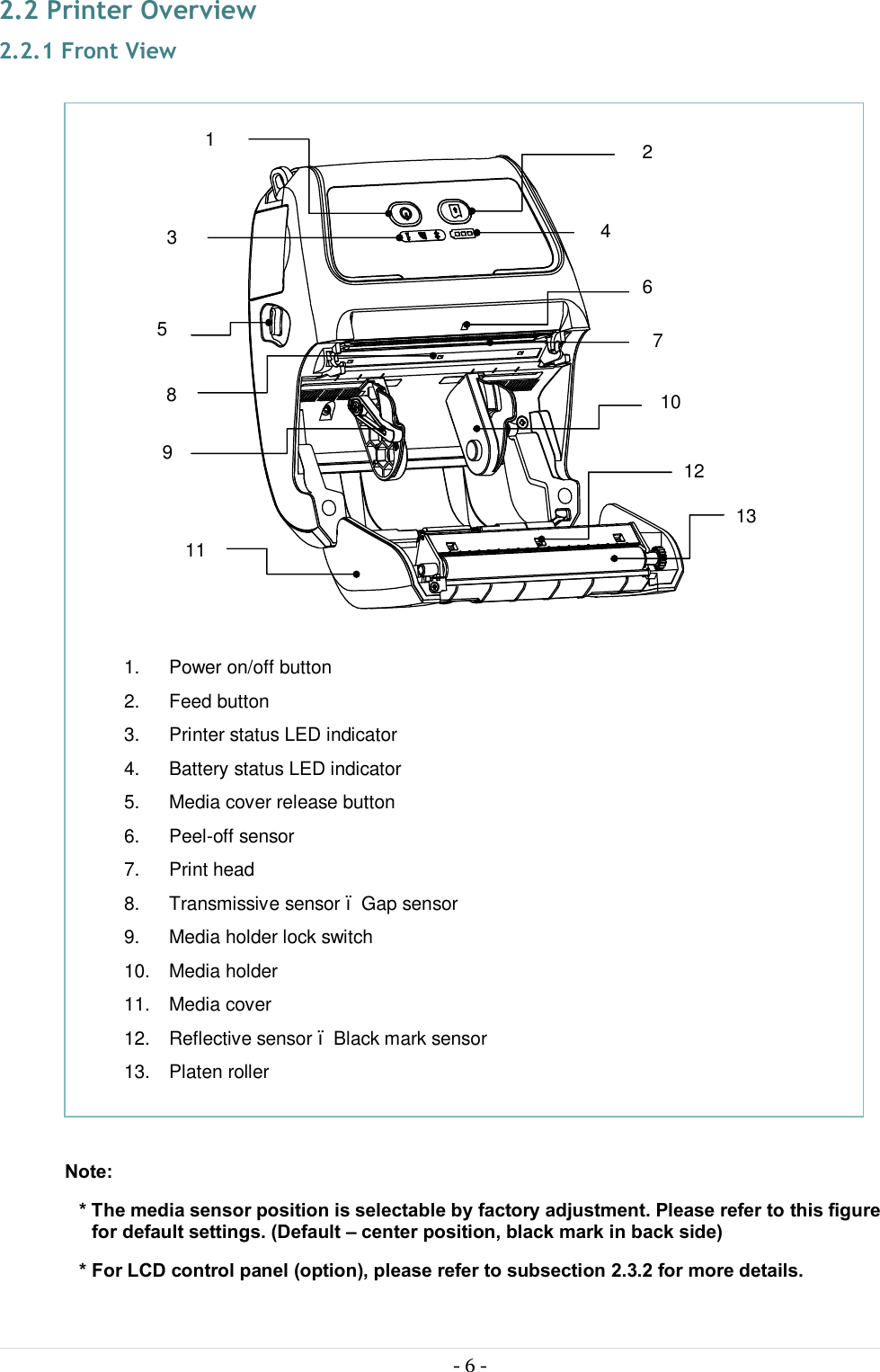  - 6 -  2.2 Printer Overview 2.2.1 Front View                    Note:  * The media sensor position is selectable by factory adjustment. Please refer to this figure for default settings. (Default – center position, black mark in back side) * For LCD control panel (option), please refer to subsection 2.3.2 for more details.      1.  Power on/off button 2.  Feed button 3.  Printer status LED indicator 4.  Battery status LED indicator 5.  Media cover release button 6.  Peel-off sensor 7.  Print head 8.  Transmissive sensor – Gap sensor 9.  Media holder lock switch 10.  Media holder 11.  Media cover 12.  Reflective sensor – Black mark sensor 13.  Platen roller  9 2 1 3  4 6 8 7 5 10 11 12 13 