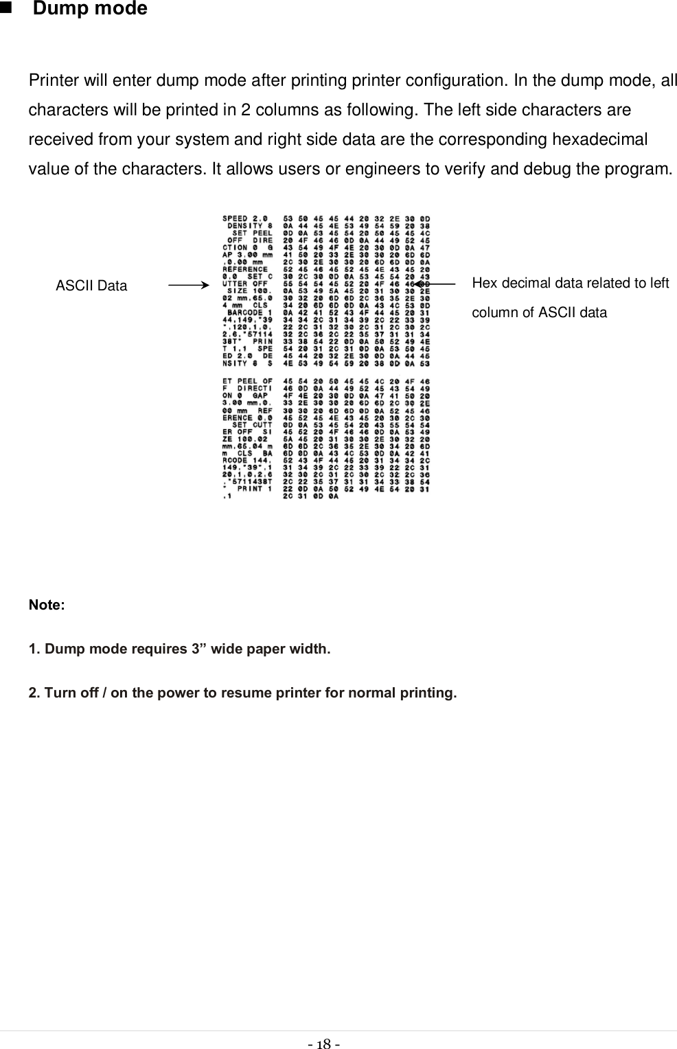  - 18 -  n Dump mode  Printer will enter dump mode after printing printer configuration. In the dump mode, all characters will be printed in 2 columns as following. The left side characters are received from your system and right side data are the corresponding hexadecimal value of the characters. It allows users or engineers to verify and debug the program.    Note: 1. Dump mode requires 3” wide paper width. 2. Turn off / on the power to resume printer for normal printing.     ASCII Data  Hex decimal data related to left column of ASCII data 
