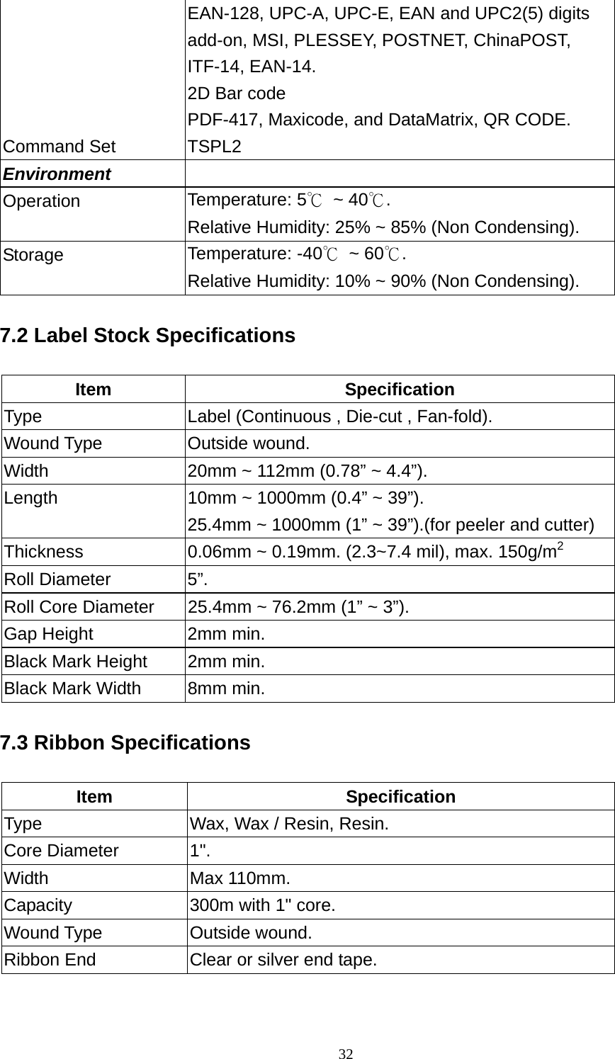  32EAN-128, UPC-A, UPC-E, EAN and UPC2(5) digits   add-on, MSI, PLESSEY, POSTNET, ChinaPOST, ITF-14, EAN-14. 2D Bar code PDF-417, Maxicode, and DataMatrix, QR CODE. Command Set  TSPL2 Environment   Operation  Temperature: 5℃ ~ 40℃. Relative Humidity: 25% ~ 85% (Non Condensing). Storage  Temperature: -40℃ ~ 60℃.  Relative Humidity: 10% ~ 90% (Non Condensing).  7.2 Label Stock Specifications  Item Specification Type  Label (Continuous , Die-cut , Fan-fold). Wound Type  Outside wound. Width  20mm ~ 112mm (0.78” ~ 4.4”). Length  10mm ~ 1000mm (0.4” ~ 39”). 25.4mm ~ 1000mm (1” ~ 39”).(for peeler and cutter) Thickness  0.06mm ~ 0.19mm. (2.3~7.4 mil), max. 150g/m2 Roll Diameter  5”. Roll Core Diameter  25.4mm ~ 76.2mm (1” ~ 3”). Gap Height  2mm min. Black Mark Height  2mm min. Black Mark Width  8mm min.  7.3 Ribbon Specifications  Item Specification Type  Wax, Wax / Resin, Resin. Core Diameter  1&quot;. Width Max 110mm. Capacity  300m with 1&quot; core. Wound Type  Outside wound. Ribbon End  Clear or silver end tape.  