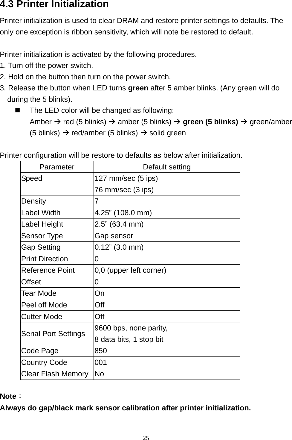  254.3 Printer Initialization Printer initialization is used to clear DRAM and restore printer settings to defaults. The only one exception is ribbon sensitivity, which will note be restored to default.    Printer initialization is activated by the following procedures. 1. Turn off the power switch.   2. Hold on the button then turn on the power switch. 3. Release the button when LED turns green after 5 amber blinks. (Any green will do during the 5 blinks).   The LED color will be changed as following:   Amber  red (5 blinks)  amber (5 blinks)  green (5 blinks)  green/amber (5 blinks)  red/amber (5 blinks)  solid green  Printer configuration will be restore to defaults as below after initialization. Parameter Default setting Speed  127 mm/sec (5 ips) 76 mm/sec (3 ips) Density 7 Label Width  4.25” (108.0 mm) Label Height  2.5” (63.4 mm) Sensor Type  Gap sensor Gap Setting  0.12” (3.0 mm) Print Direction  0 Reference Point  0,0 (upper left corner) Offset 0 Tear Mode  On Peel off Mode  Off Cutter Mode  Off Serial Port Settings  9600 bps, none parity,   8 data bits, 1 stop bit Code Page  850 Country Code  001 Clear Flash Memory   No  Note： Always do gap/black mark sensor calibration after printer initialization. 