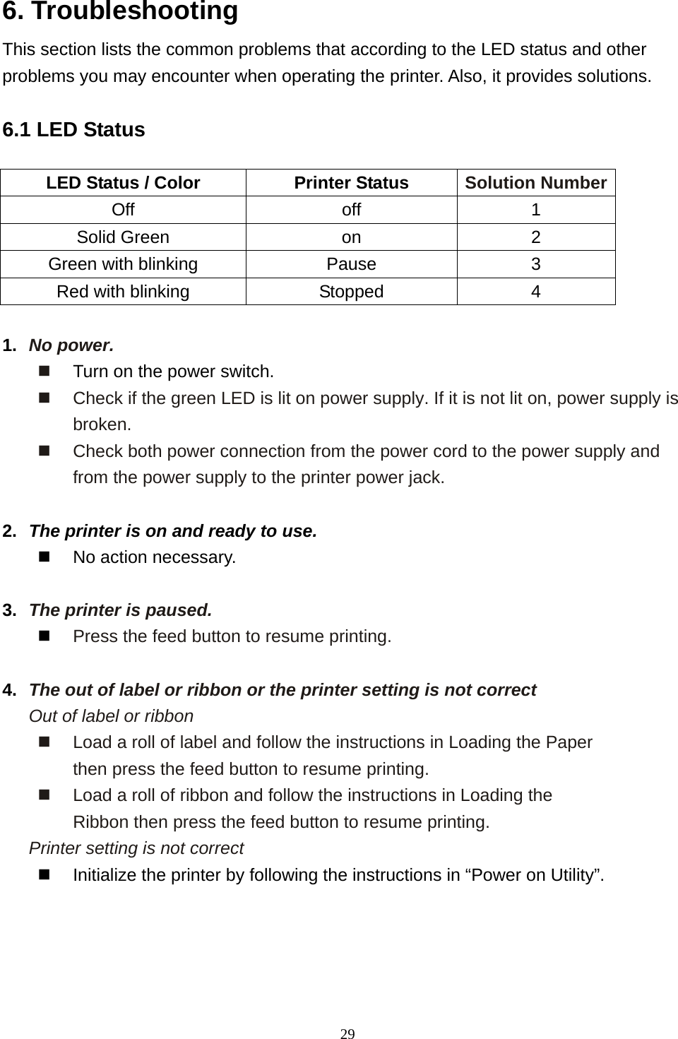  296. Troubleshooting This section lists the common problems that according to the LED status and other problems you may encounter when operating the printer. Also, it provides solutions.  6.1 LED Status    LED Status / Color  Printer Status  Solution Number Off off 1 Solid Green  on  2 Green with blinking  Pause  3 Red with blinking  Stopped  4  1.  No power.   Turn on the power switch.   Check if the green LED is lit on power supply. If it is not lit on, power supply is broken.   Check both power connection from the power cord to the power supply and from the power supply to the printer power jack.  2.  The printer is on and ready to use.   No action necessary.  3.  The printer is paused.   Press the feed button to resume printing.  4.  The out of label or ribbon or the printer setting is not correct Out of label or ribbon   Load a roll of label and follow the instructions in Loading the Paper then press the feed button to resume printing.   Load a roll of ribbon and follow the instructions in Loading the Ribbon then press the feed button to resume printing.    Printer setting is not correct   Initialize the printer by following the instructions in “Power on Utility”.   