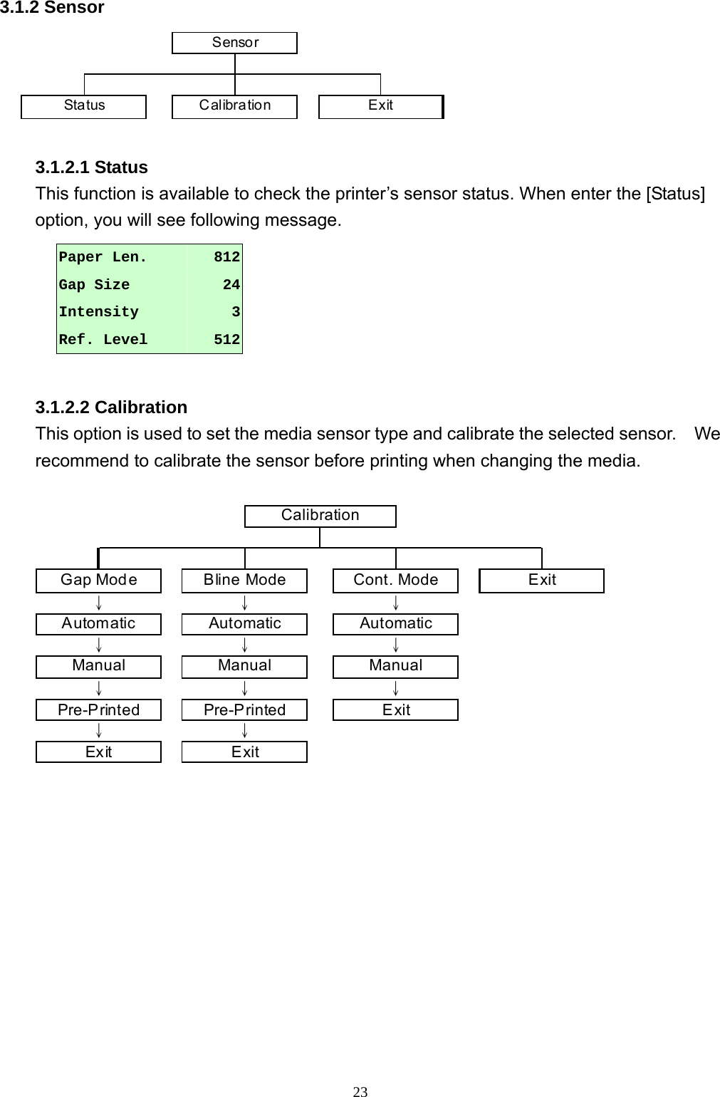  233.1.2 Sensor ExitStatus CalibrationSensor 3.1.2.1 Status This function is available to check the printer’s sensor status. When enter the [Status] option, you will see following message.       3.1.2.2 Calibration This option is used to set the media sensor type and calibrate the selected sensor.    We recommend to calibrate the sensor before printing when changing the media.  Exit↓↓ ↓Gap Mode Bline Mode Cont. Mode↓↓ ↓Automatic Automatic AutomaticPre-Printed↓↓Manual Manual Manual↓↓ExitPre-Printed Exit↓ExitCalibration  Paper Len.  812 Gap Size  24 Intensity  3 Ref. Level  512 