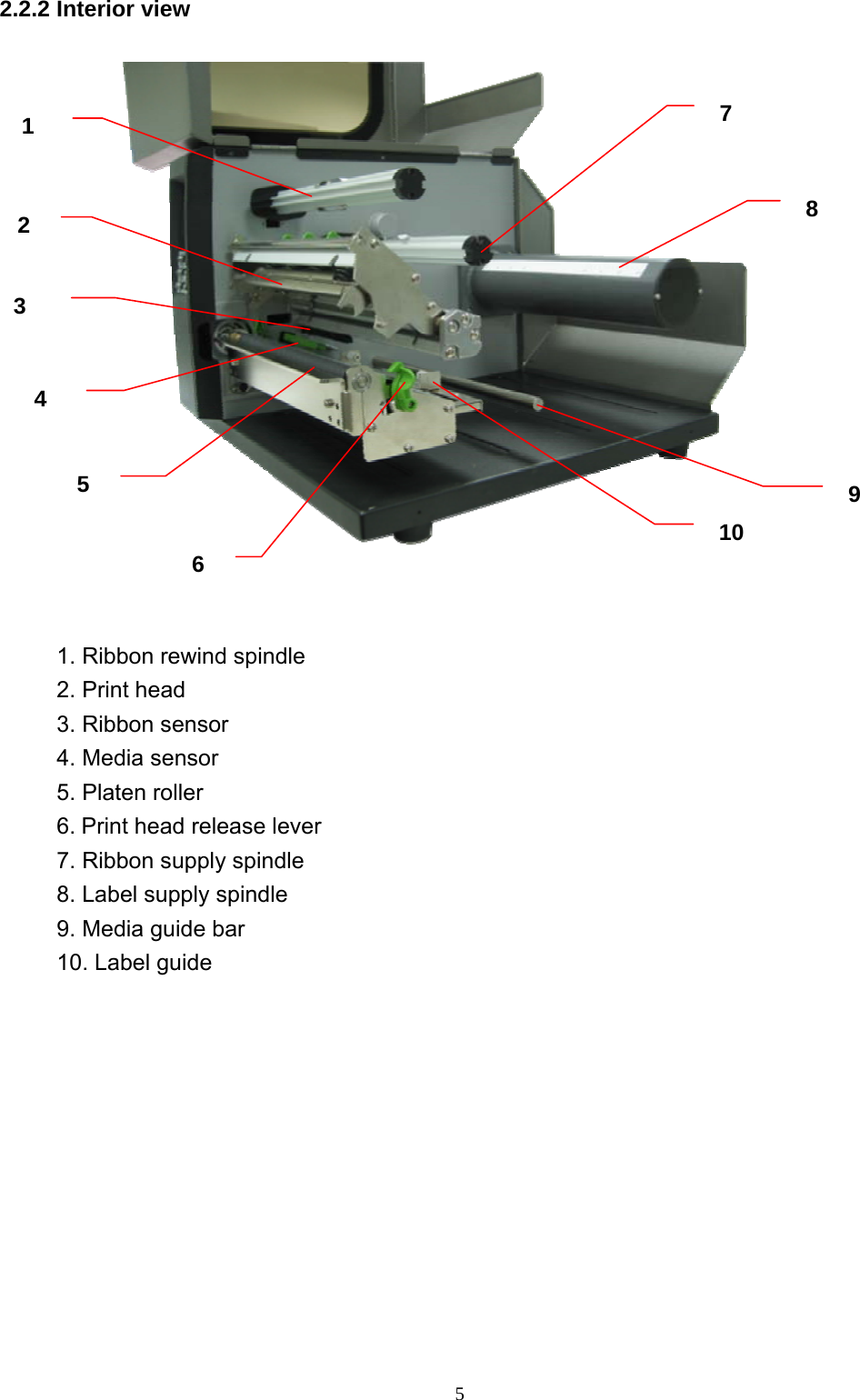  52.2.2 Interior view     1. Ribbon rewind spindle 2. Print head 3. Ribbon sensor 4. Media sensor 5. Platen roller 6. Print head release lever 7. Ribbon supply spindle 8. Label supply spindle 9. Media guide bar 10. Label guide     5  97 86 2 10 1 43 