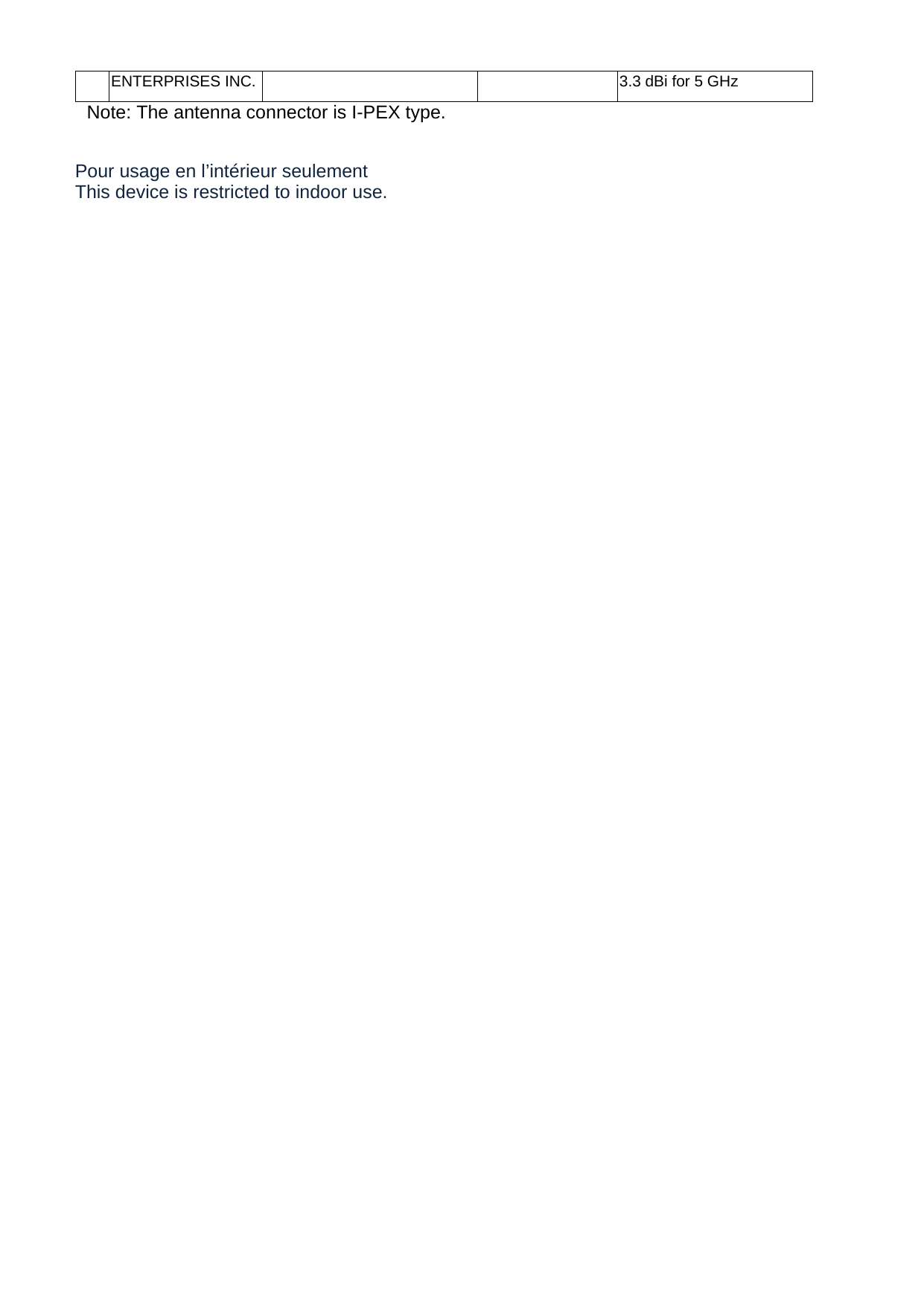     ENTERPRISES INC.  3.3 dBi for 5 GHz Note: The antenna connector is I-PEX type.  Pour usage en l’intérieur seulement This device is restricted to indoor use. 
