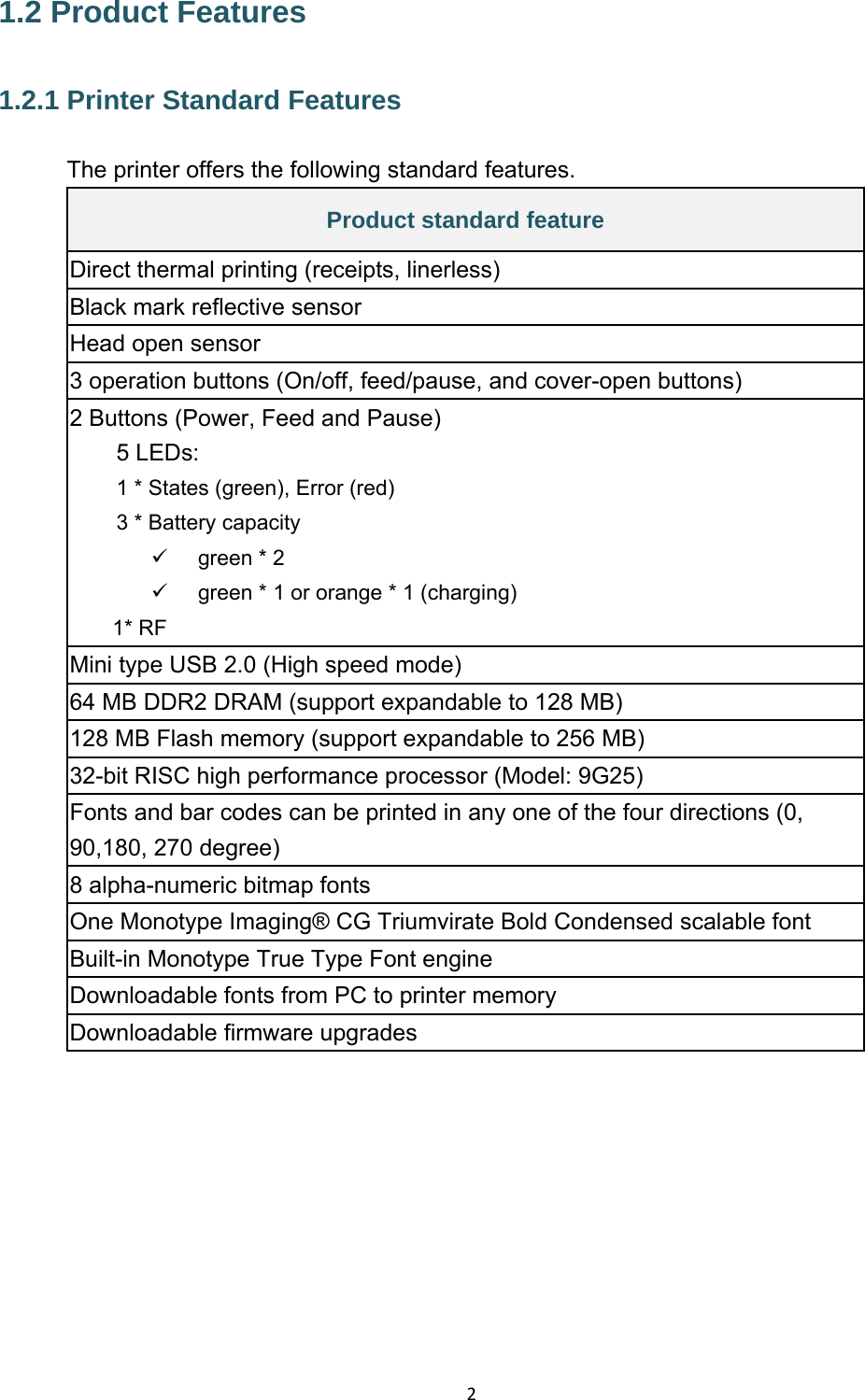 21.2 Product Features 1.2.1 Printer Standard Features The printer offers the following standard features. Product standard feature Direct thermal printing (receipts, linerless) Black mark reflective sensor Head open sensor 3 operation buttons (On/off, feed/pause, and cover-open buttons) 2 Buttons (Power, Feed and Pause) 5 LEDs: 1 * States (green), Error (red) 3 * Battery capacity     green * 2     green * 1 or orange * 1 (charging) 1* RF Mini type USB 2.0 (High speed mode)   64 MB DDR2 DRAM (support expandable to 128 MB) 128 MB Flash memory (support expandable to 256 MB) 32-bit RISC high performance processor (Model: 9G25) Fonts and bar codes can be printed in any one of the four directions (0, 90,180, 270 degree) 8 alpha-numeric bitmap fonts One Monotype Imaging® CG Triumvirate Bold Condensed scalable font Built-in Monotype True Type Font engine Downloadable fonts from PC to printer memory Downloadable firmware upgrades 