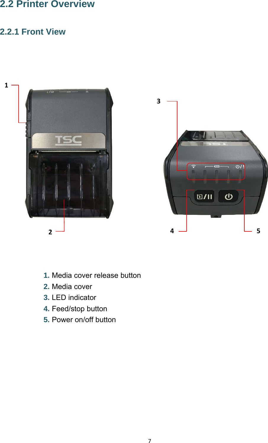72.2 Printer Overview 2.2.1 Front View                    1. Media cover release button 2. Media cover   3. LED indicator 4. Feed/stop button 5. Power on/off button  34512