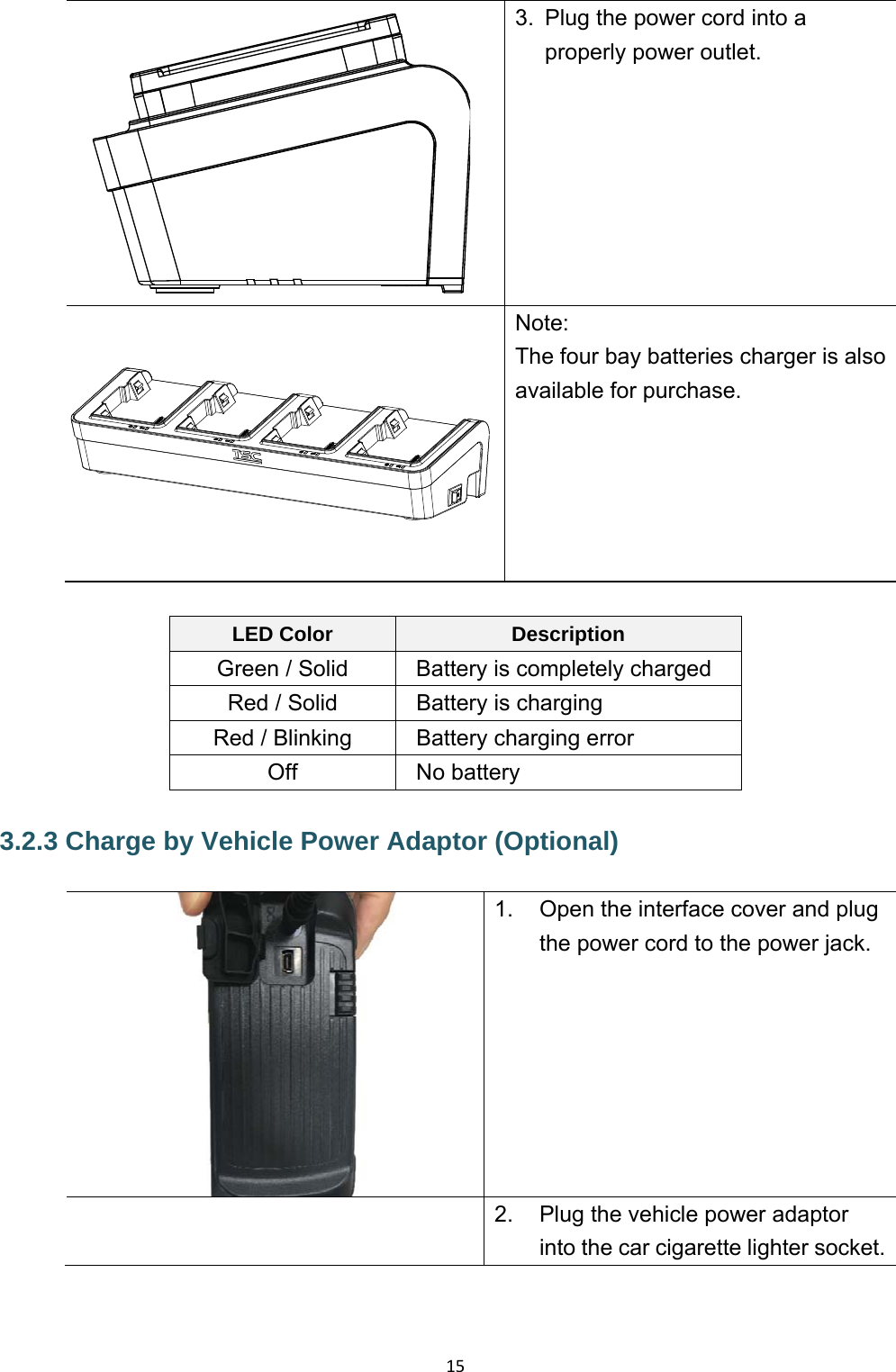 15 3.  Plug the power cord into a properly power outlet. Note: The four bay batteries charger is also available for purchase. LED Color  Description Green / Solid  Battery is completely charged Red / Solid  Battery is charging Red / Blinking  Battery charging error Off No battery 3.2.3 Charge by Vehicle Power Adaptor (Optional)  1.  Open the interface cover and plug the power cord to the power jack.  2.  Plug the vehicle power adaptor into the car cigarette lighter socket.