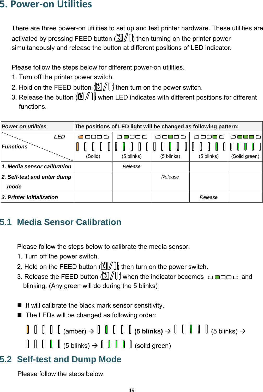 195.Power‐onUtilitiesThere are three power-on utilities to set up and test printer hardware. These utilities are activated by pressing FEED button ( ) then turning on the printer power simultaneously and release the button at different positions of LED indicator.  Please follow the steps below for different power-on utilities. 1. Turn off the printer power switch. 2. Hold on the FEED button ( ) then turn on the power switch. 3. Release the button ( ) when LED indicates with different positions for different functions.  Power on utilities  The positions of LED light will be changed as following pattern: LED Functions (Solid)  (5 blinks)  (5 blinks)   (5 blinks)  (Solid green)1. Media sensor calibration   Release      2. Self-test and enter dump mode   Release   3. Printer initialization     Release   5.1   Media  Sensor  Calibration Please follow the steps below to calibrate the media sensor. 1. Turn off the power switch. 2. Hold on the FEED button ( ) then turn on the power switch. 3. Release the FEED button ( ) when the indicator becomes    and blinking. (Any green will do during the 5 blinks)    It will calibrate the black mark sensor sensitivity.   The LEDs will be changed as following order:  (amber)   (5 blinks)   (5 blinks)  (5 blinks)   (solid green) 5.2   Self-test and Dump Mode Please follow the steps below.