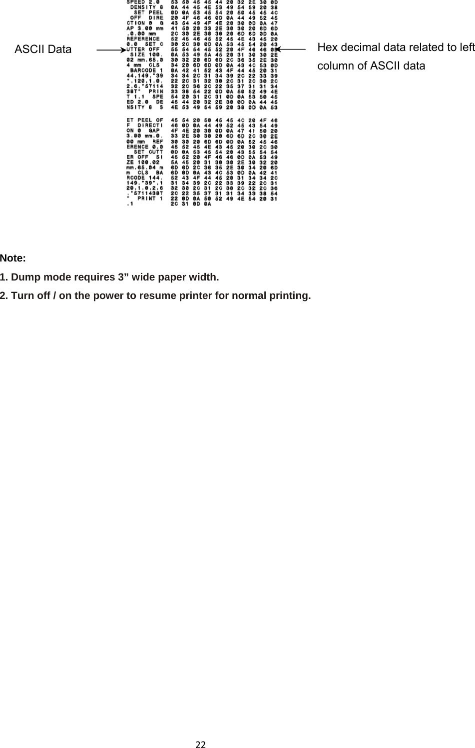 22   Note: 1. Dump mode requires 3” wide paper width. 2. Turn off / on the power to resume printer for normal printing.    ASCII Data  Hex decimal data related to left column of ASCII data 